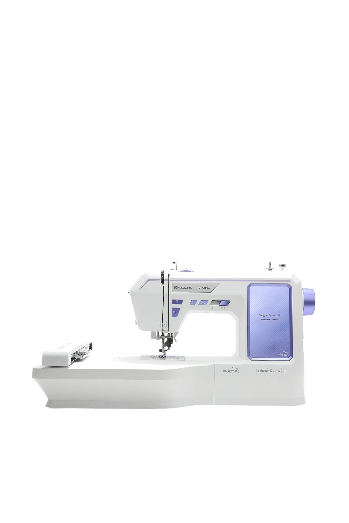 Husqvarna VIKING Designer Quartz 29 with video tutorial, shown in a straight front view, cropped without a shadow at the bottom