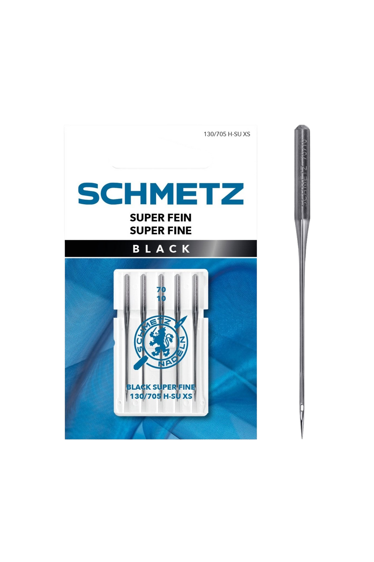 SCHMETZ Black Super Fein-Nadel 70 in vollständiger Frontansicht der Verpackung mit freigestellter Euroloch-Aussparung