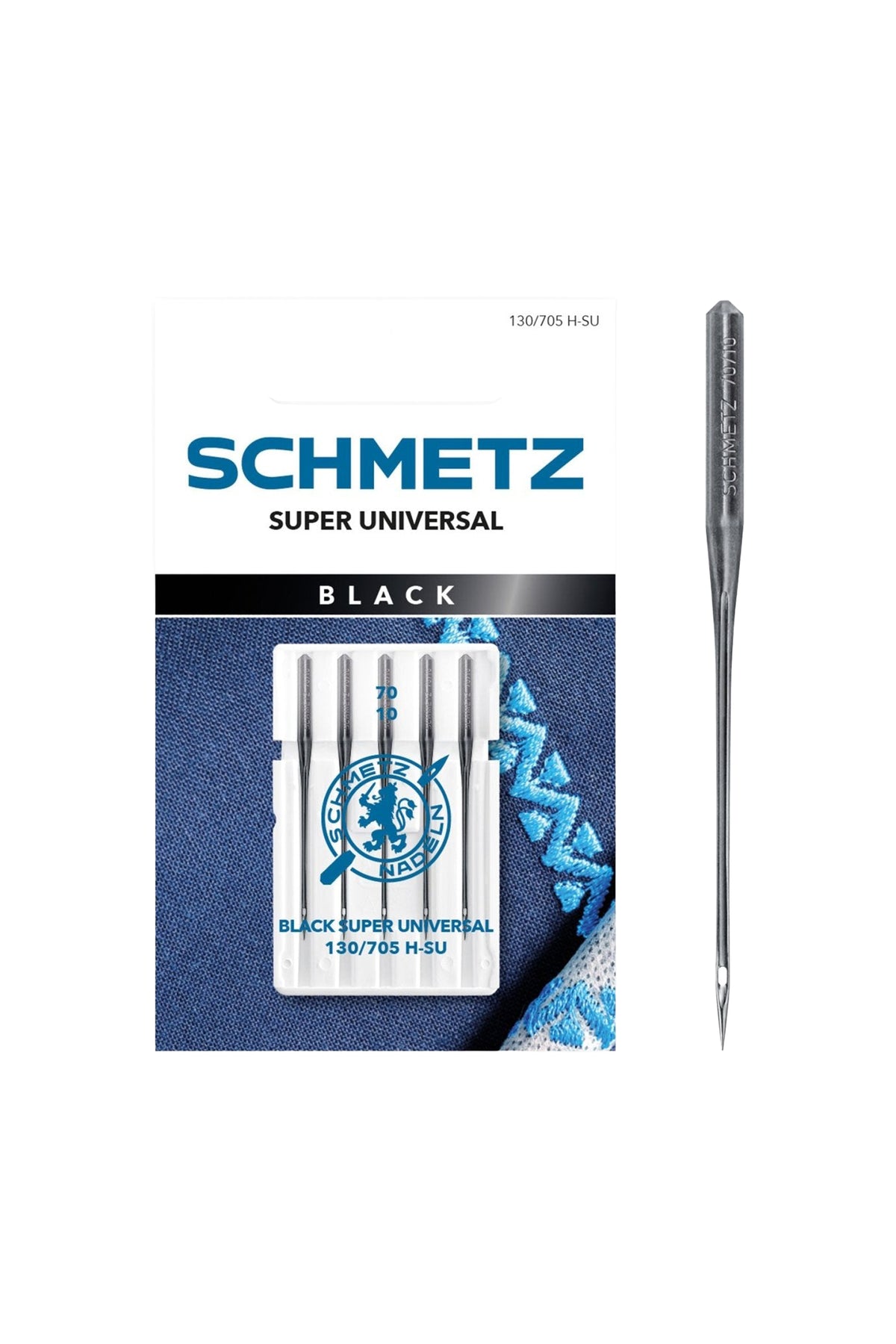SCHMETZ Black Super Universal-Nadel – 70 & 80 in vollständiger Frontansicht der Verpackung mit freigestellter Euroloch-Aussparung