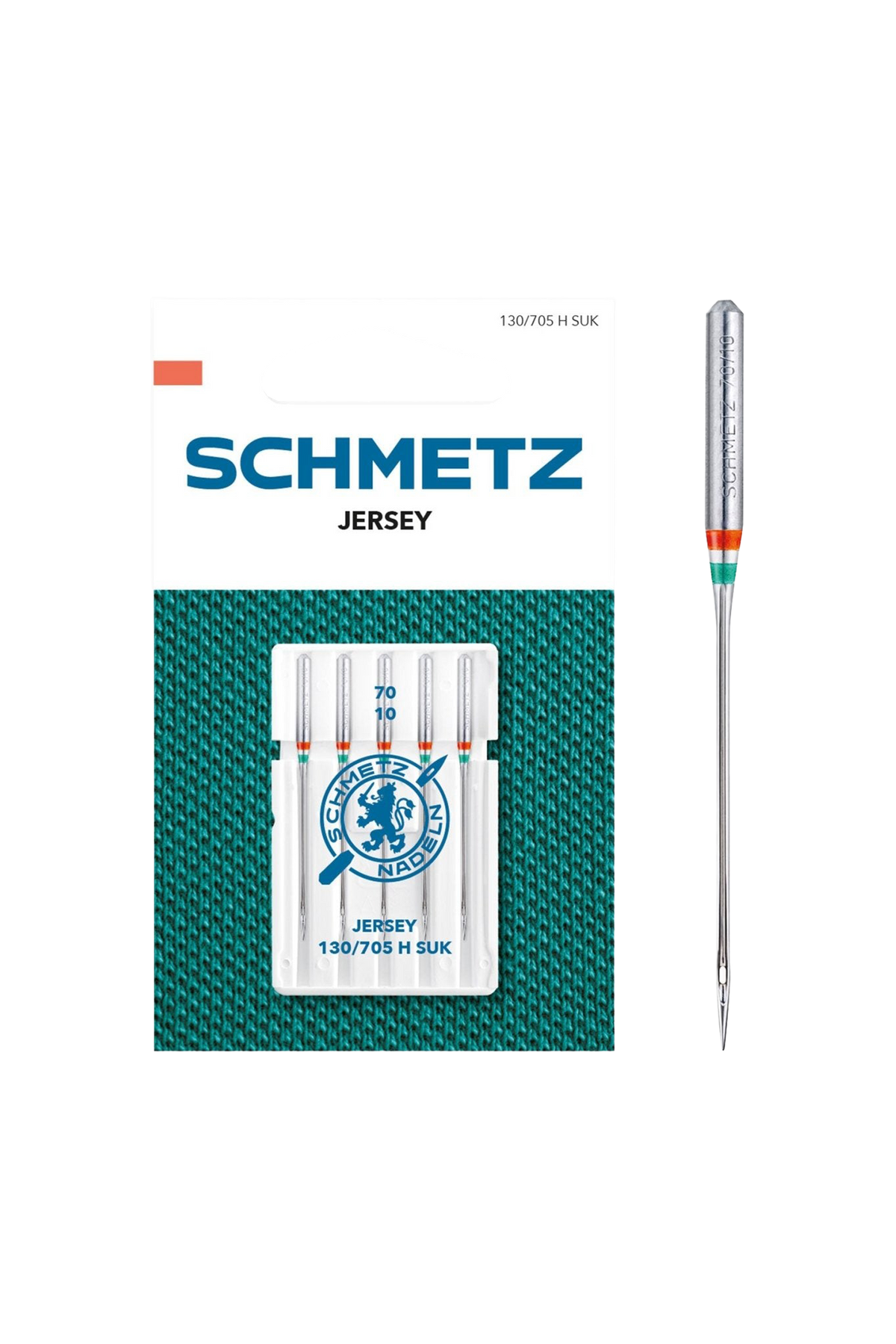 Schmetz Jersey / System 130 / 705 H SUK in vollständiger Frontansicht der Verpackung mit freigestellter Euroloch-Aussparung