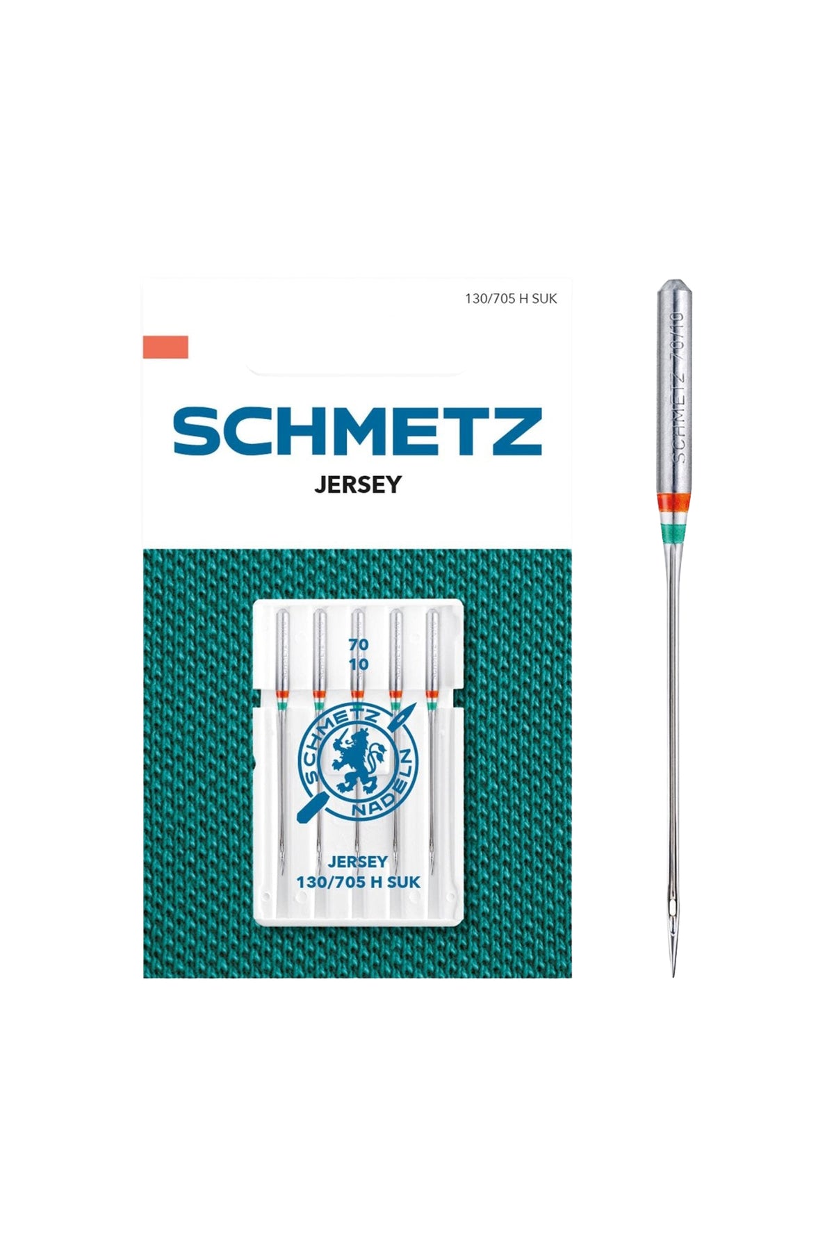 Schmetz Jersey / Système 130 / 705 H SUK : vue de face complète de l'emballage avec l'encoche « Euroloch » mise en évidence