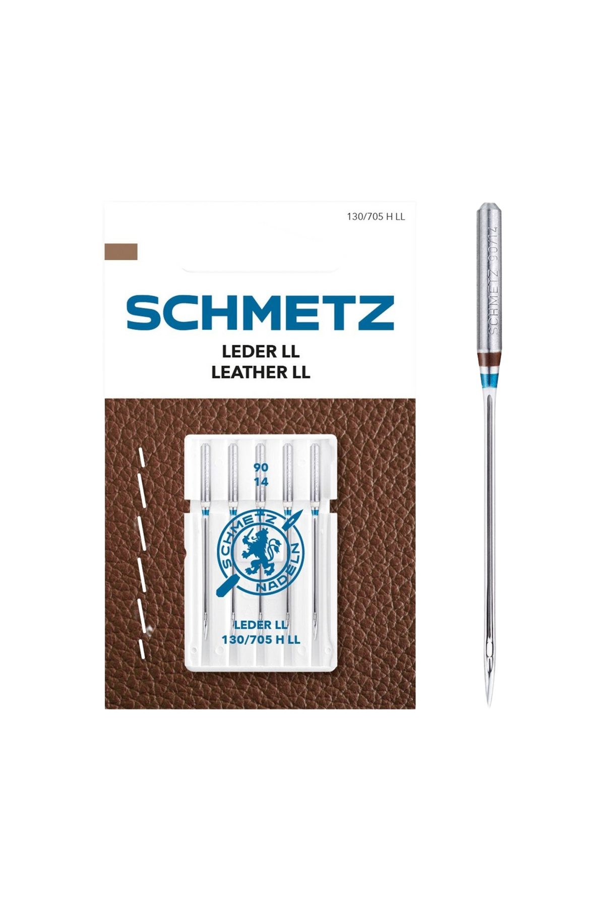 Schmetz Leder-Nadel Stärke 90 / System 130 / 705 H-LL in vollständiger Frontansicht der Verpackung mit freigestellter Euroloch-Aussparung