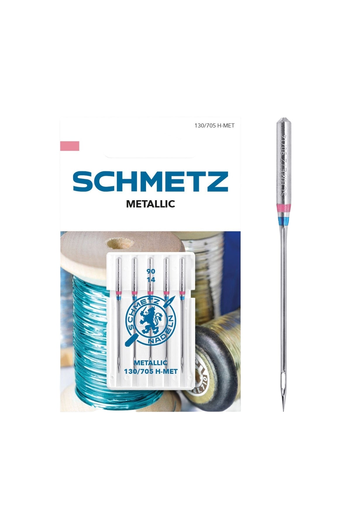 Schmetz Metallic-Nadel Stärke 90 / System 130 / 705 H-MET in vollständiger Frontansicht der Verpackung mit freigestellter Euroloch-Aussparung