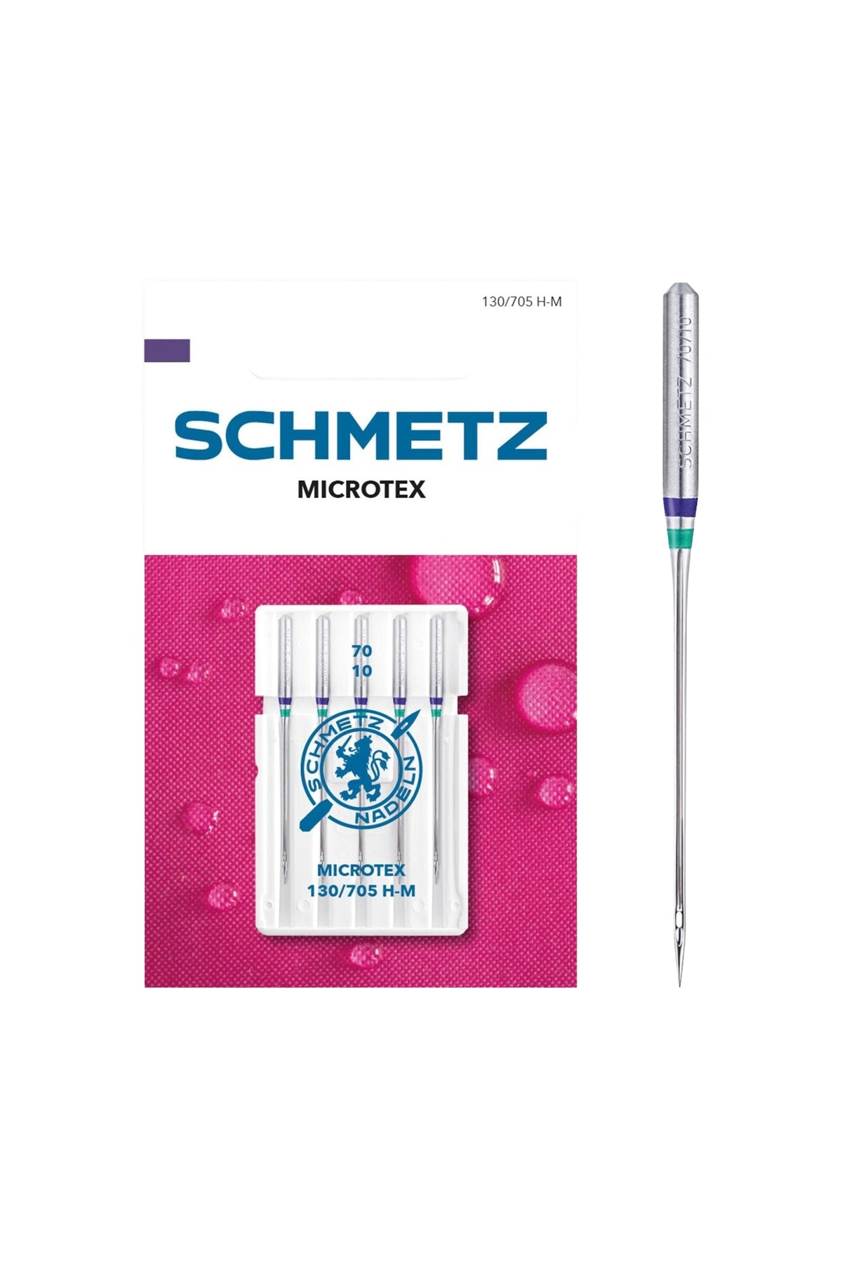 Schmetz Microtex / System 130 / 705 H-M in vollständiger Frontansicht der Verpackung mit freigestellter Euroloch-Aussparung