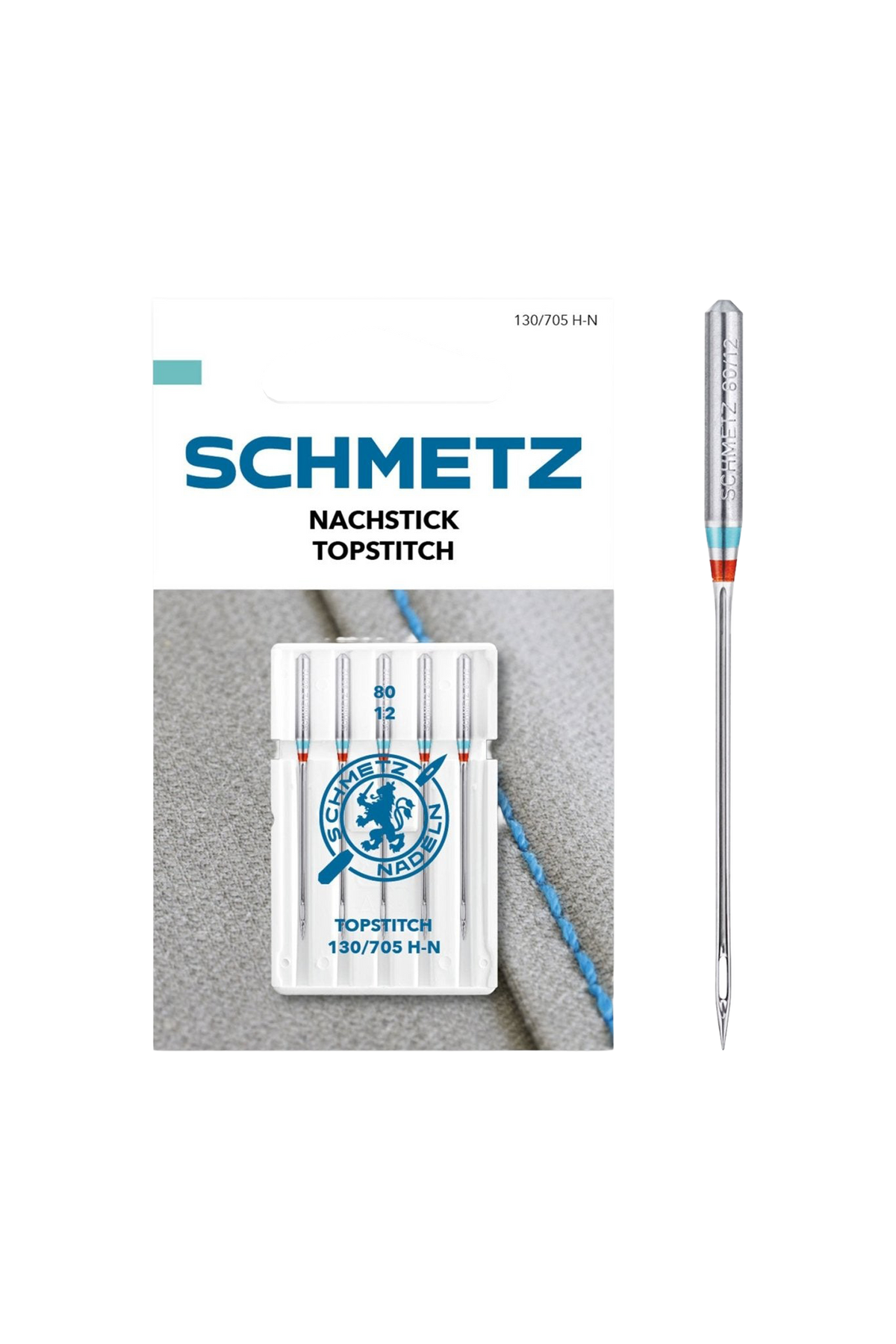Schmetz Nachstick-Nadel Stärke 80 / System 130 / 705 H-N in vollständiger Frontansicht der Verpackung mit freigestellter Euroloch-Aussparung