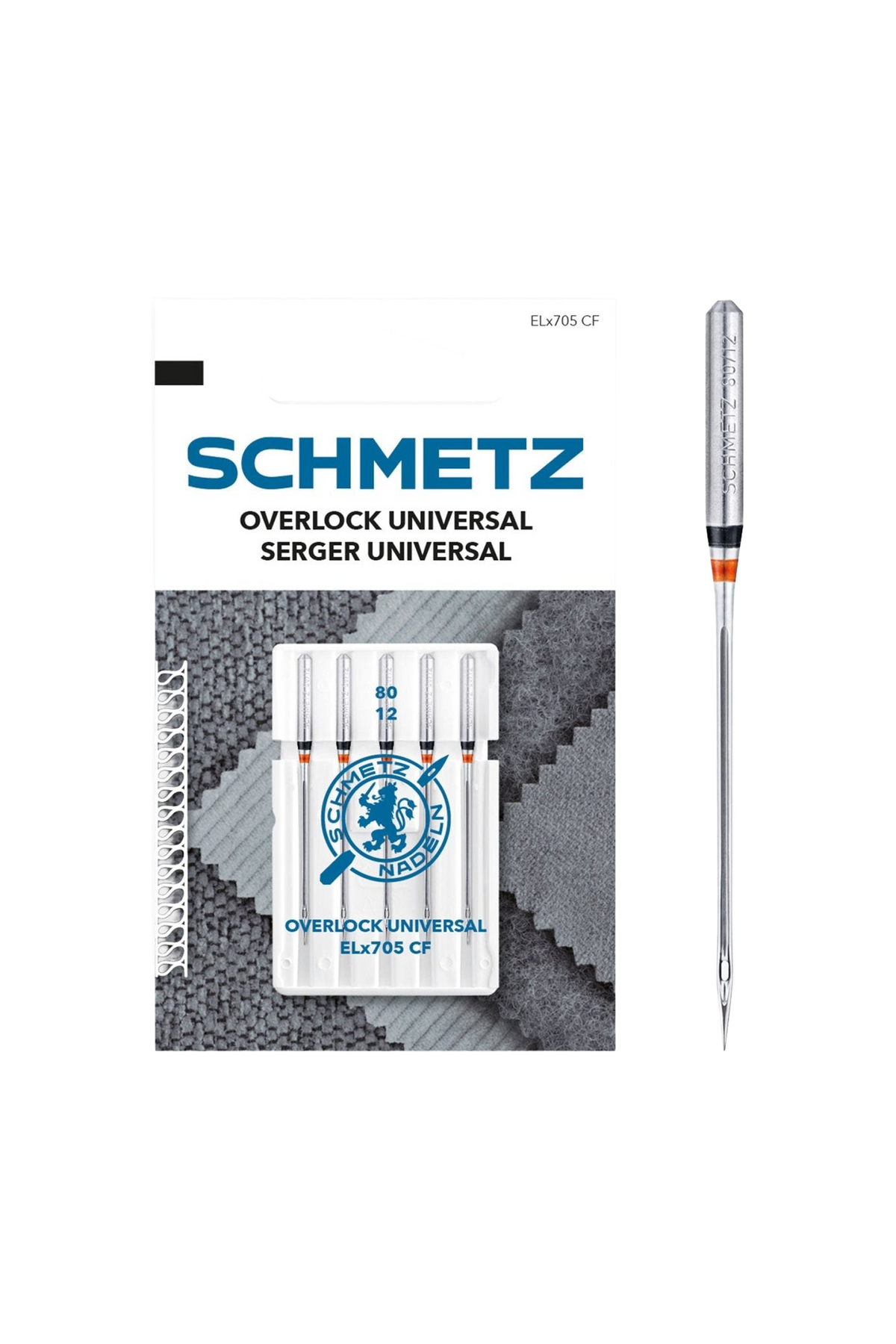 SCHMETZ Overlock Universal-Nadel 80 in vollständiger Frontansicht der Verpackung mit freigestellter Euroloch-Aussparung