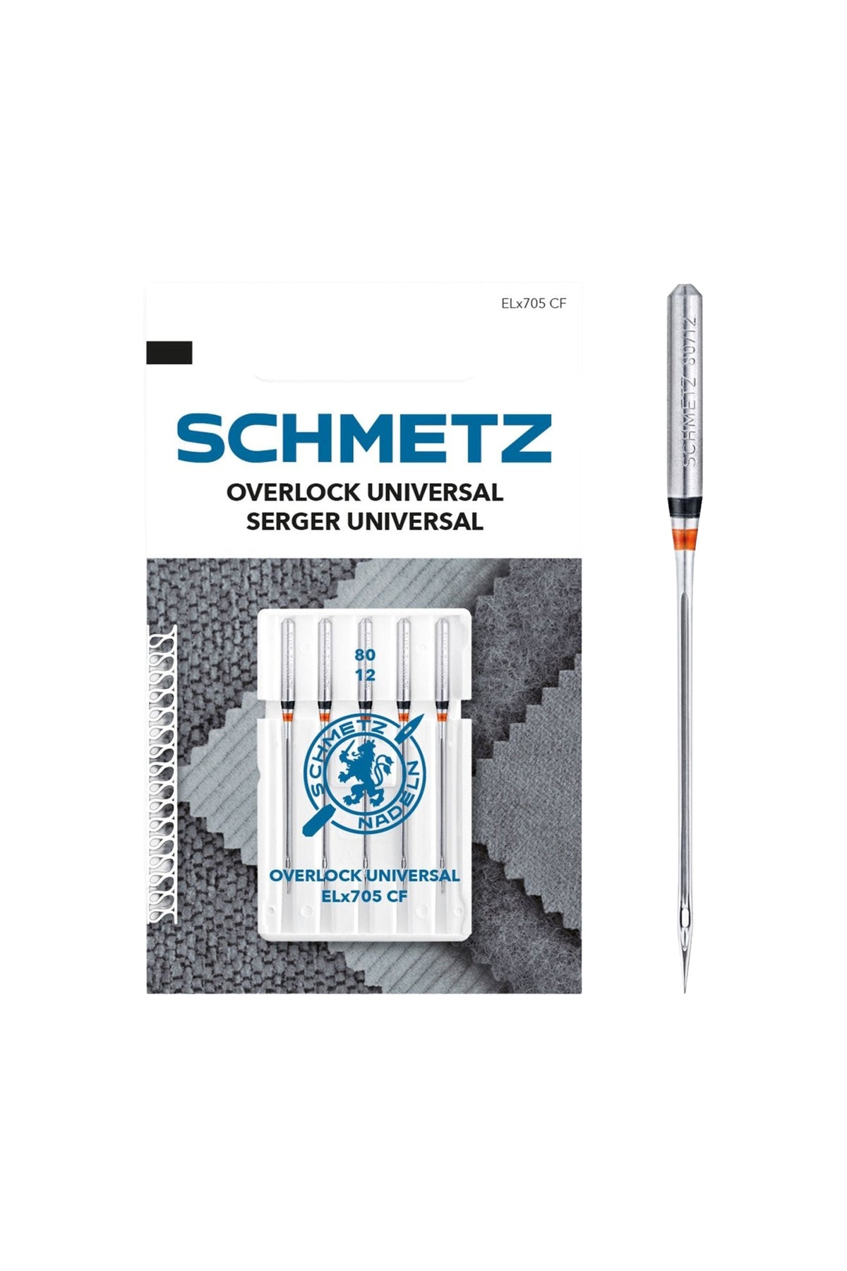 SCHMETZ Aiguille universelle pour surjeteuse 80, vue de face complète de l'emballage avec découpe pour trou européen mise en évidence