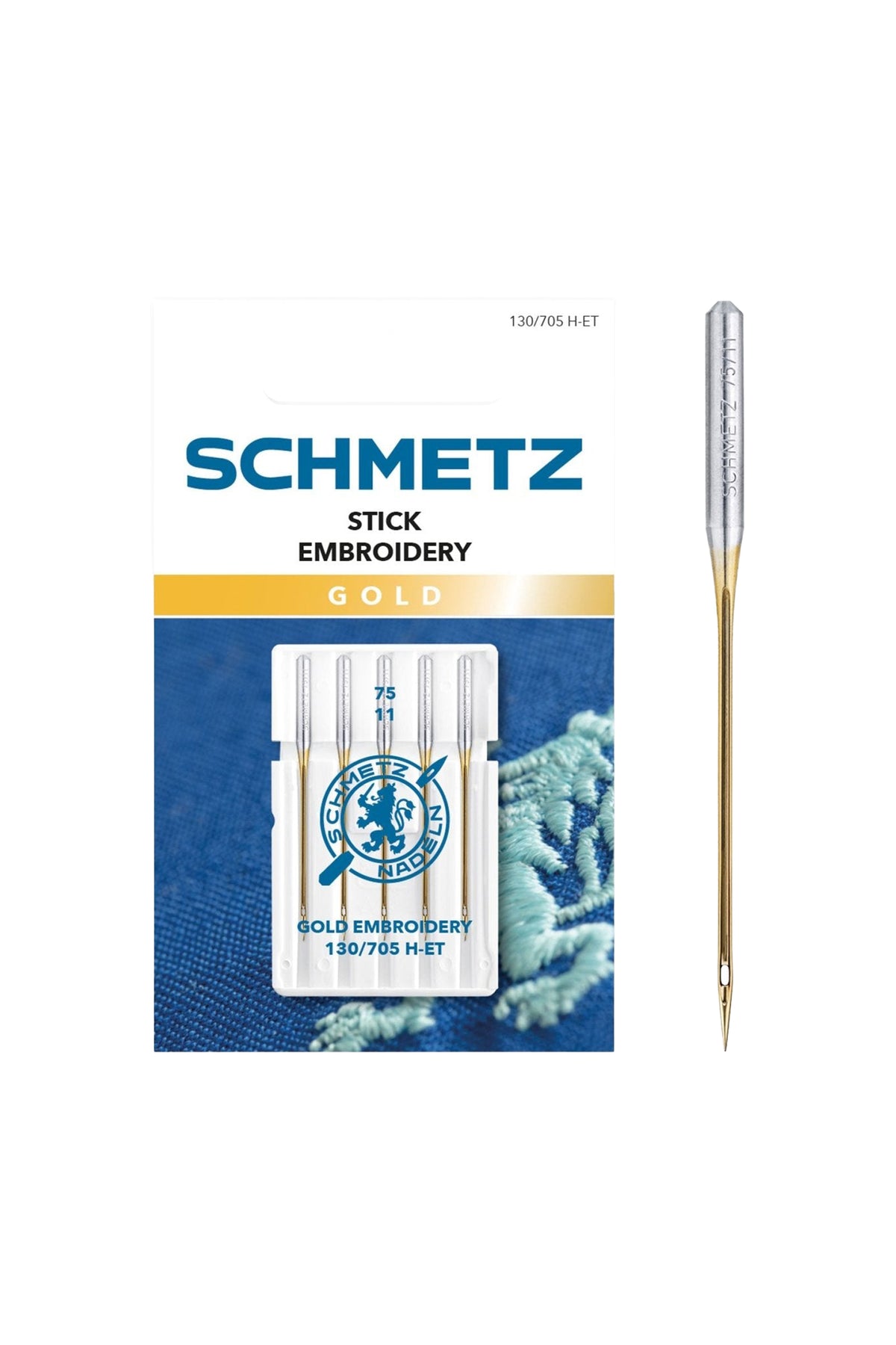 Schmetz Stick-Nadel GOLD | System 130 / 705 H-ET in vollständiger Frontansicht der Verpackung mit freigestellter Euroloch-Aussparung