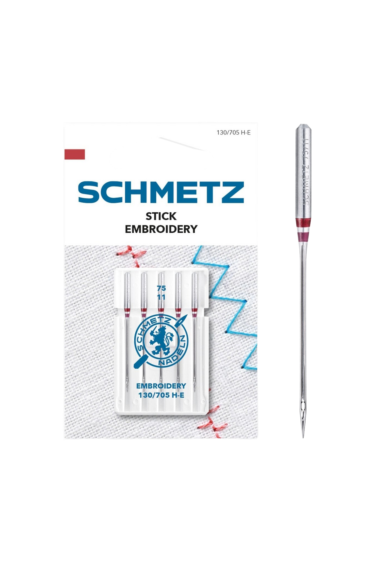 Schmetz Stick-Nadel Stärke 75 / System 130 / 705 H-E in vollständiger Frontansicht der Verpackung mit freigestellter Euroloch-Aussparung