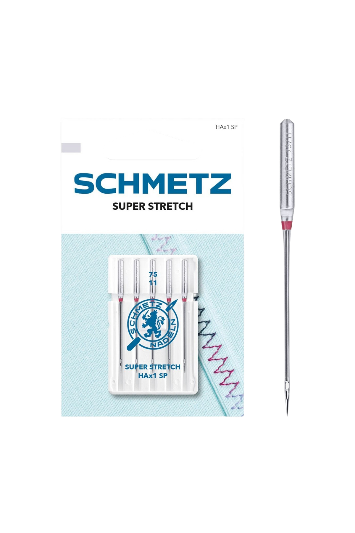 Schmetz Super Stretch-Nadel Stärke 75 / System HAx1 SP in vollständiger Frontansicht der Verpackung mit freigestellter Euroloch-Aussparung