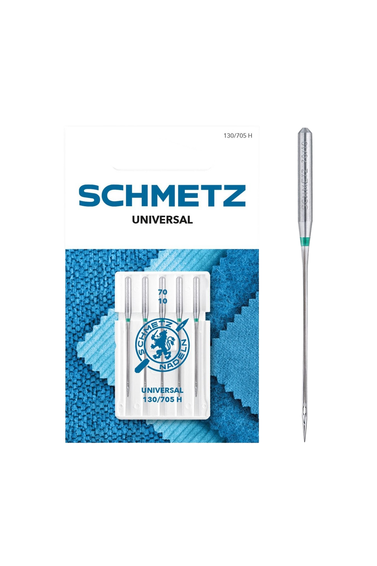 Schmetz Universal / System 130 / 705 H in vollständiger Frontansicht der Verpackung mit freigestellter Euroloch-Aussparung