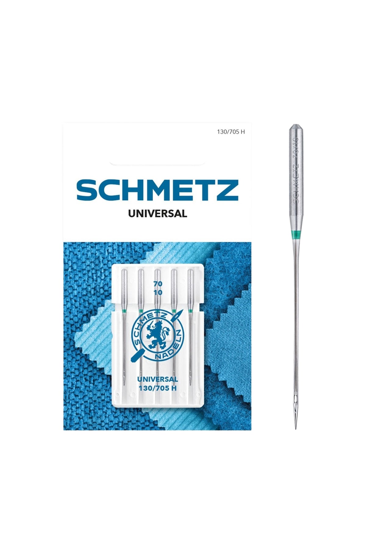 Schmetz Universal / Système 130 / 705 H : vue de face complète de l'emballage avec l'encoche « Euroloch » mise en évidence