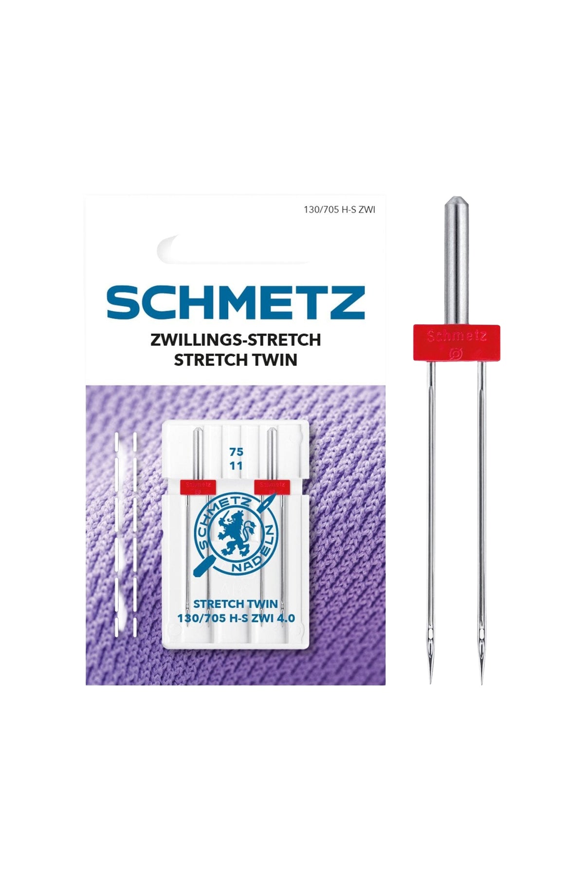 Schmetz Zwillings-Stretch-Nadel 75 – 4,0 mm in vollständiger Frontansicht der Verpackung mit freigestellter Euroloch-Aussparung