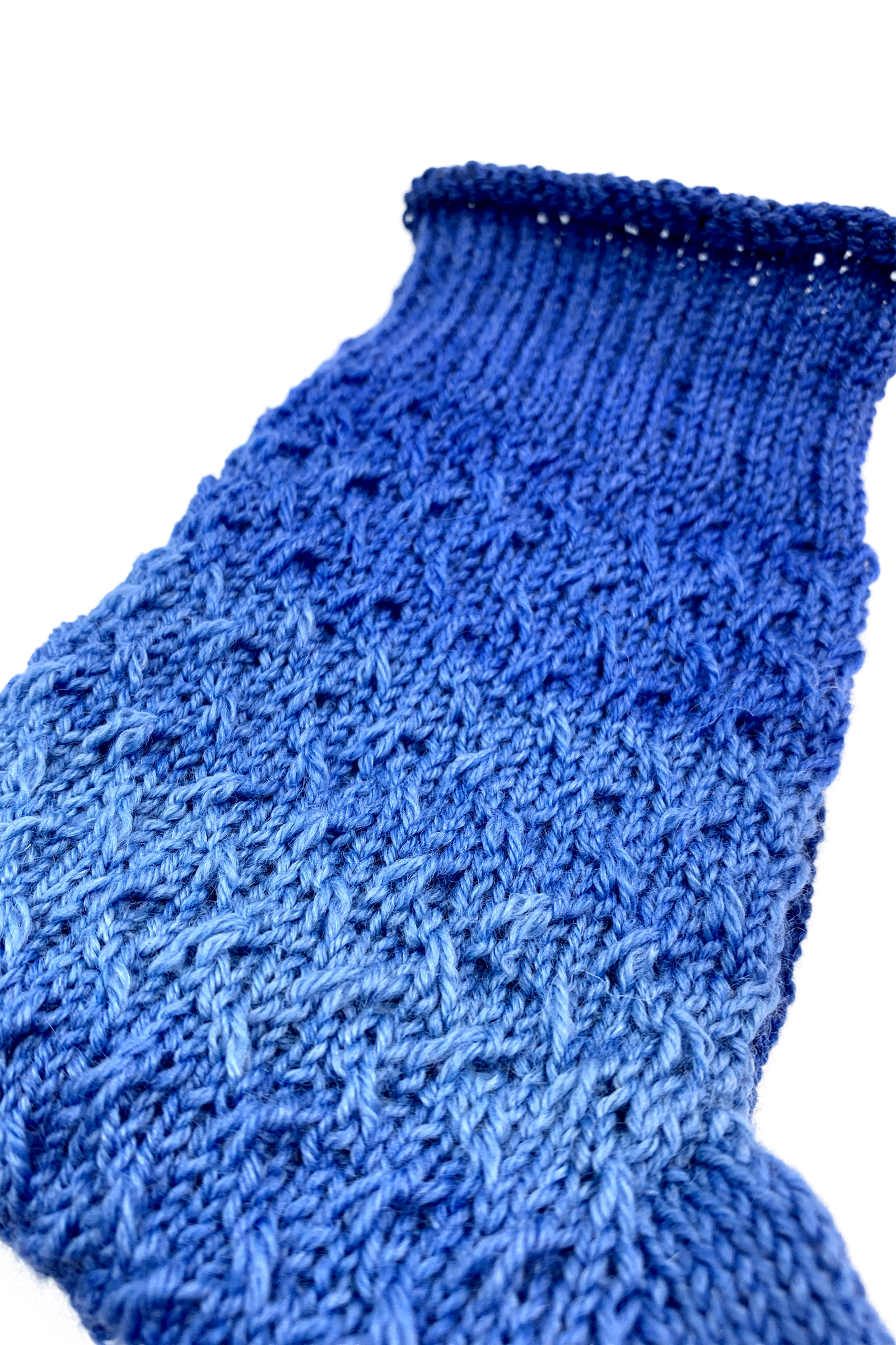 Close-up of the diagonal slip-stitch pattern on the blue 15-Years-Socks
