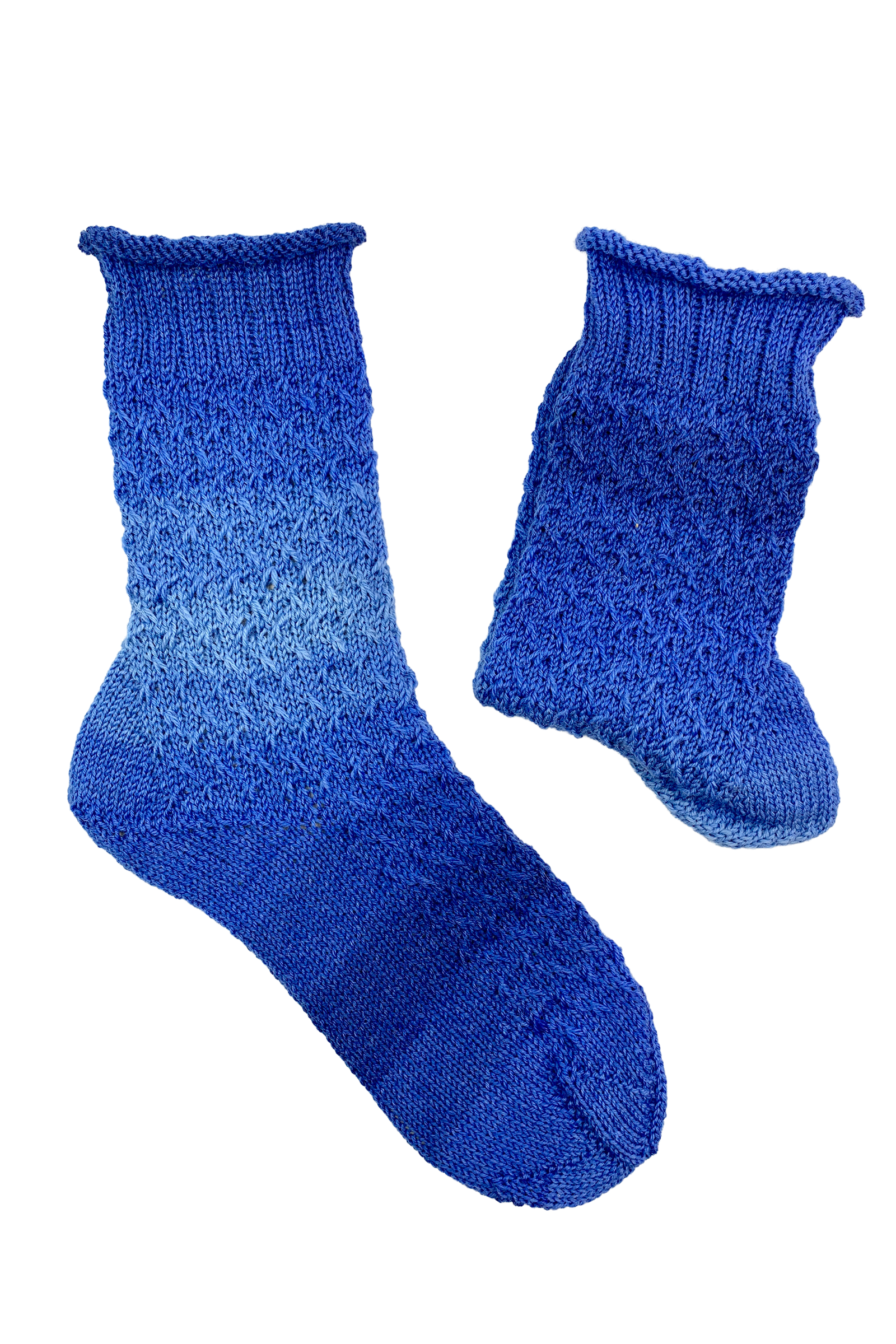 Pair of blue 15-Years-Socks with rolled edge and diagonal slip-stitch pattern