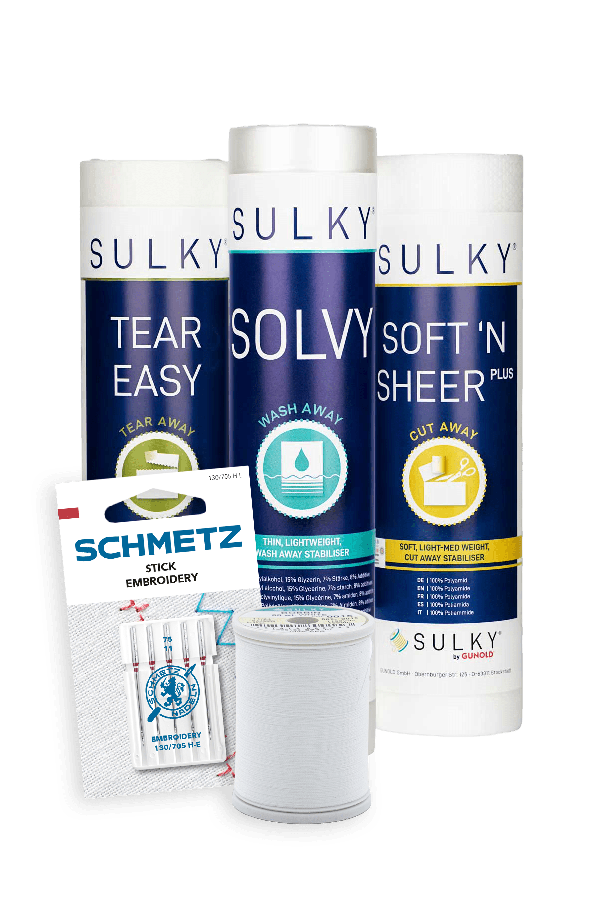 Startklar Maschinensticken mit drei SULKY Stickvliesen, Bobbin-Unterfaden und SCHMETZ Sticknadeln