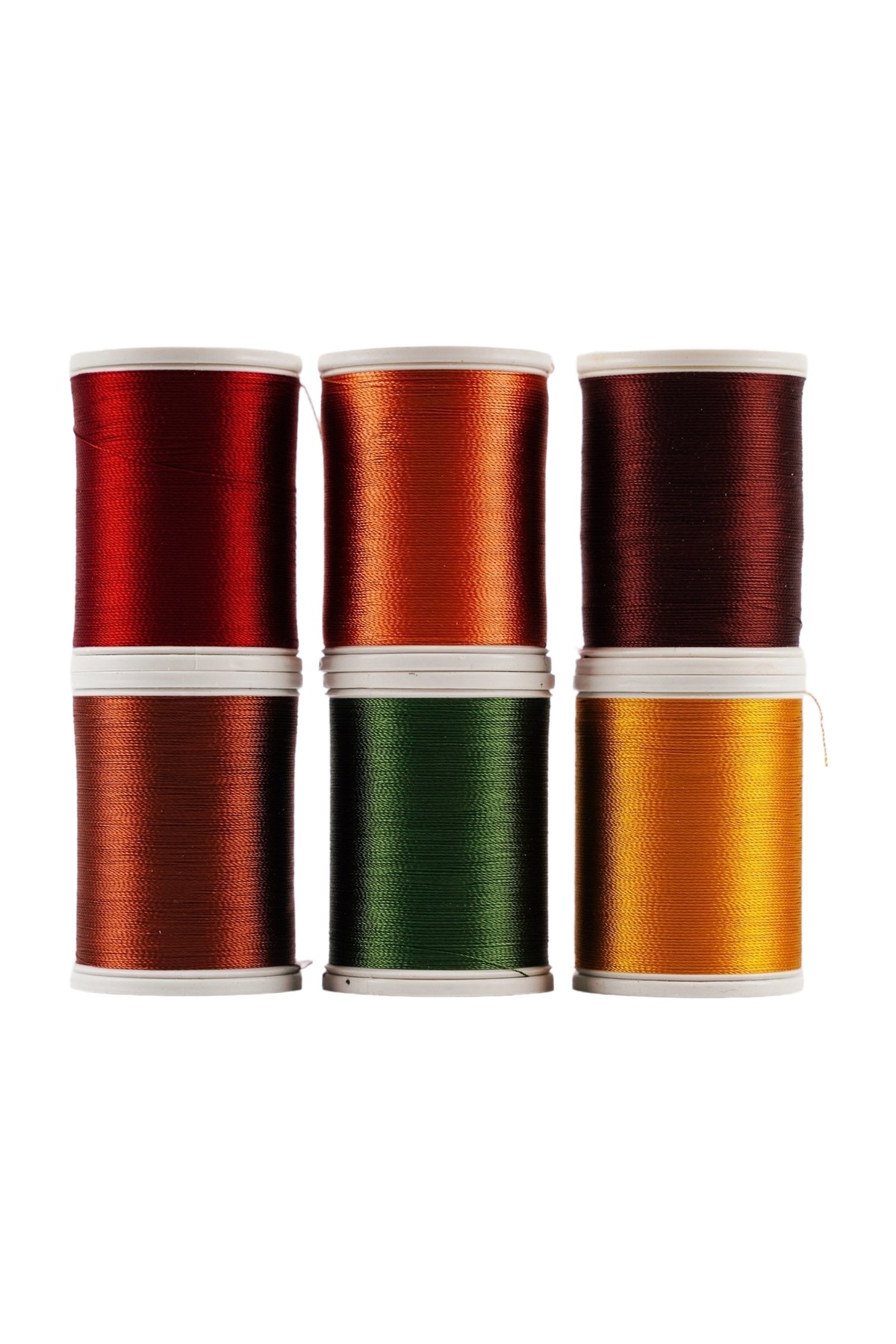 Zes SULKY Rayon 40-garenklossen uit de set AUTUMN in warme rode, bruine, groene en gouden tinten