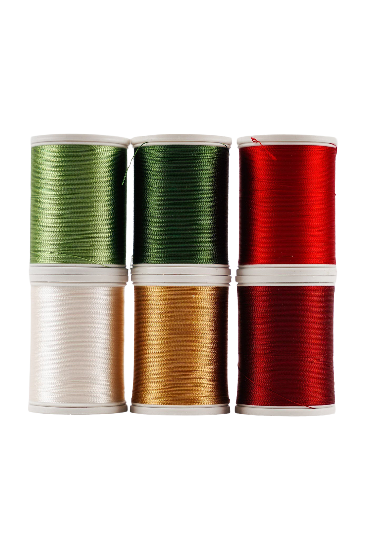 Zes SULKY Rayon 40-garenklossen uit de CHRISTMAS-set in groen, rood, wit en goud