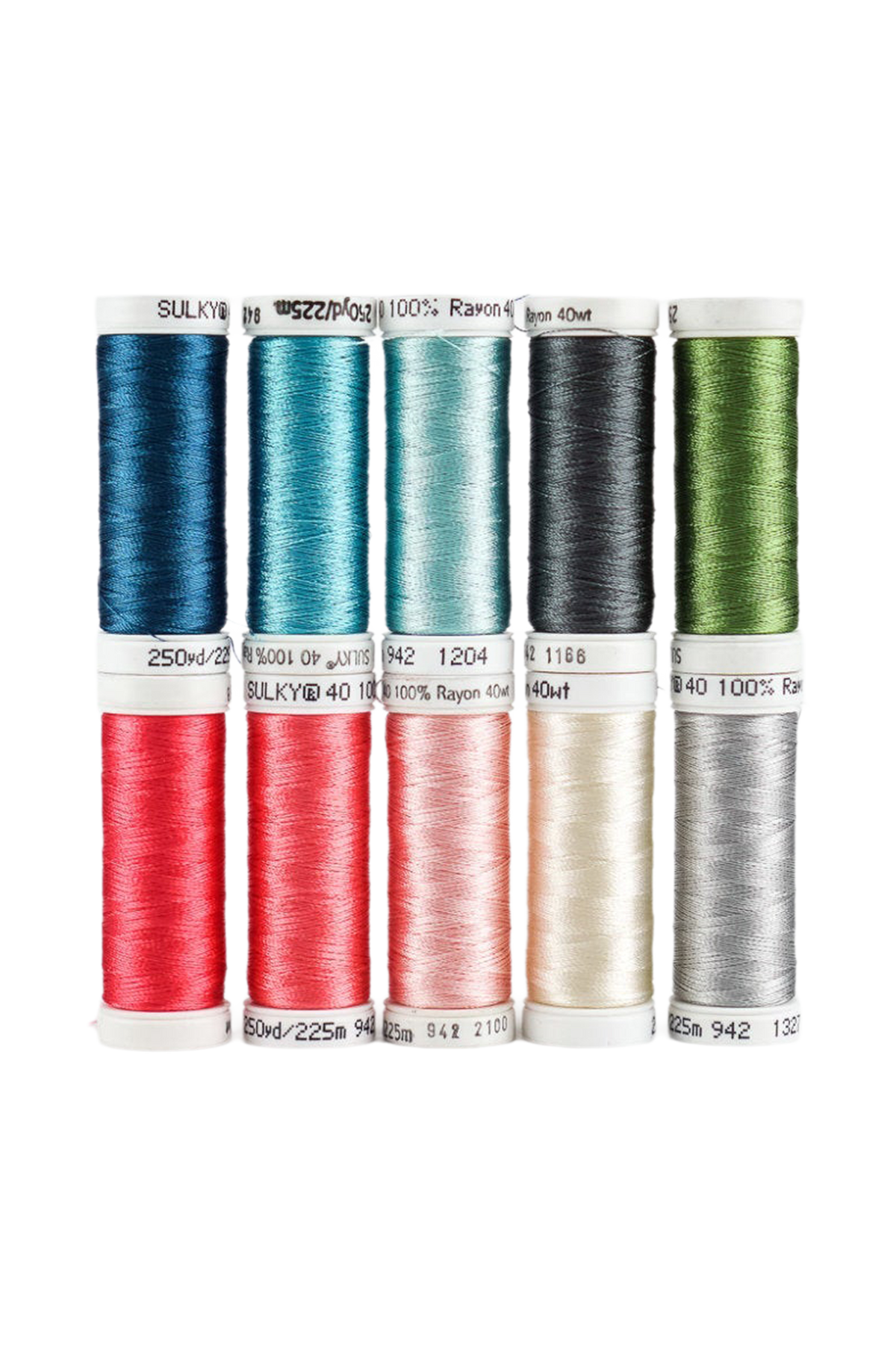 Ti SULKY Rayon 40 Snap-spoler fra HAPPINESS-sættet i nuancer af blå, grøn, rød, lyserød og sølv