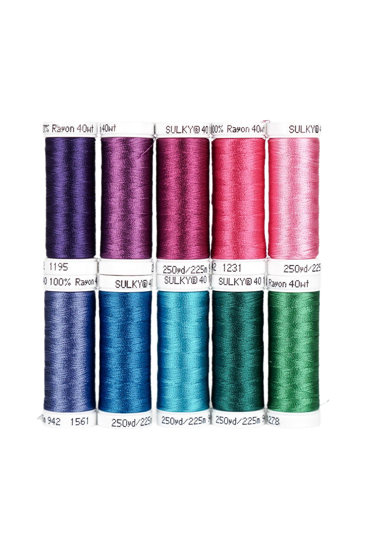 Ti SULKY Rayon 40 Snap-spoler fra MERMAID-sættet i nuancer af lilla, pink, blå og grøn