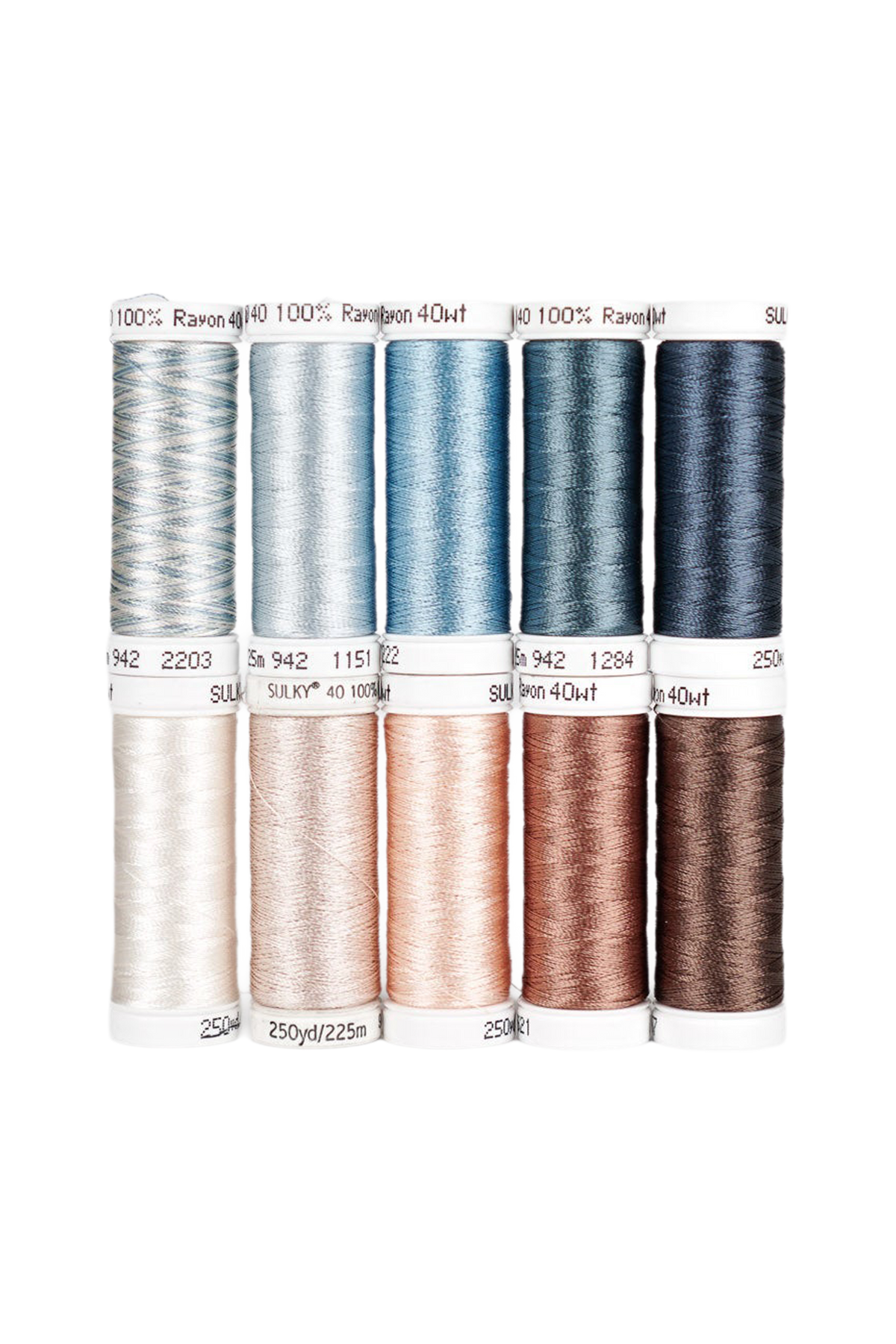 Ti SULKY Rayon 40 Snap-spoler fra sættet SKY & SAND i blå-, creme- og brune nuancer