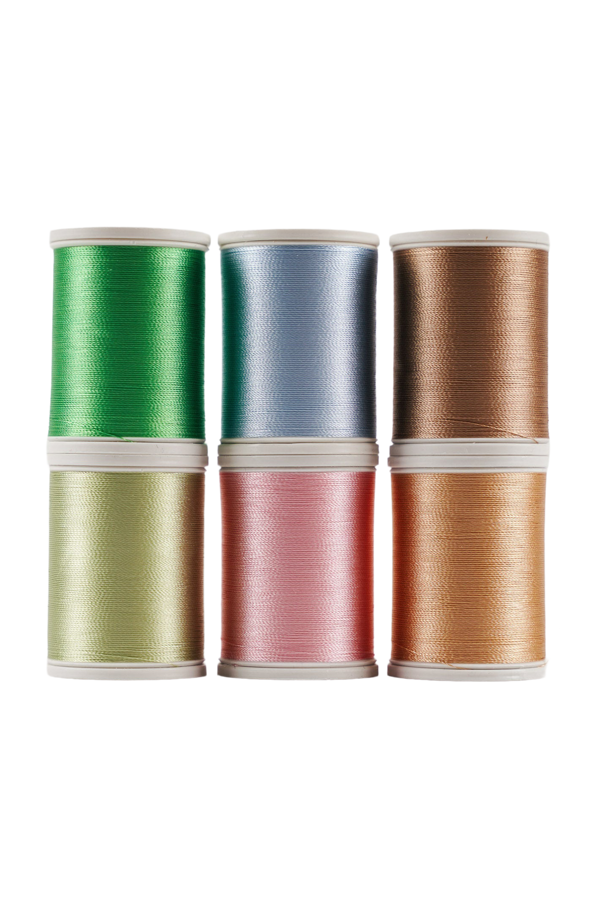 Zes SULKY Rayon 40-garenklossen uit de SPRING-set in groen, roze en warme natuurtinten