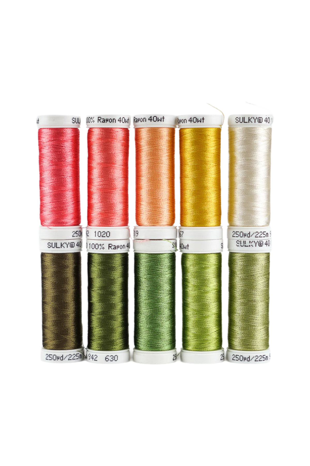Ti SULKY Rayon 40 Snap-spoler fra SPRINGTIME-sættet i farverne koral, orange, guld og grøn