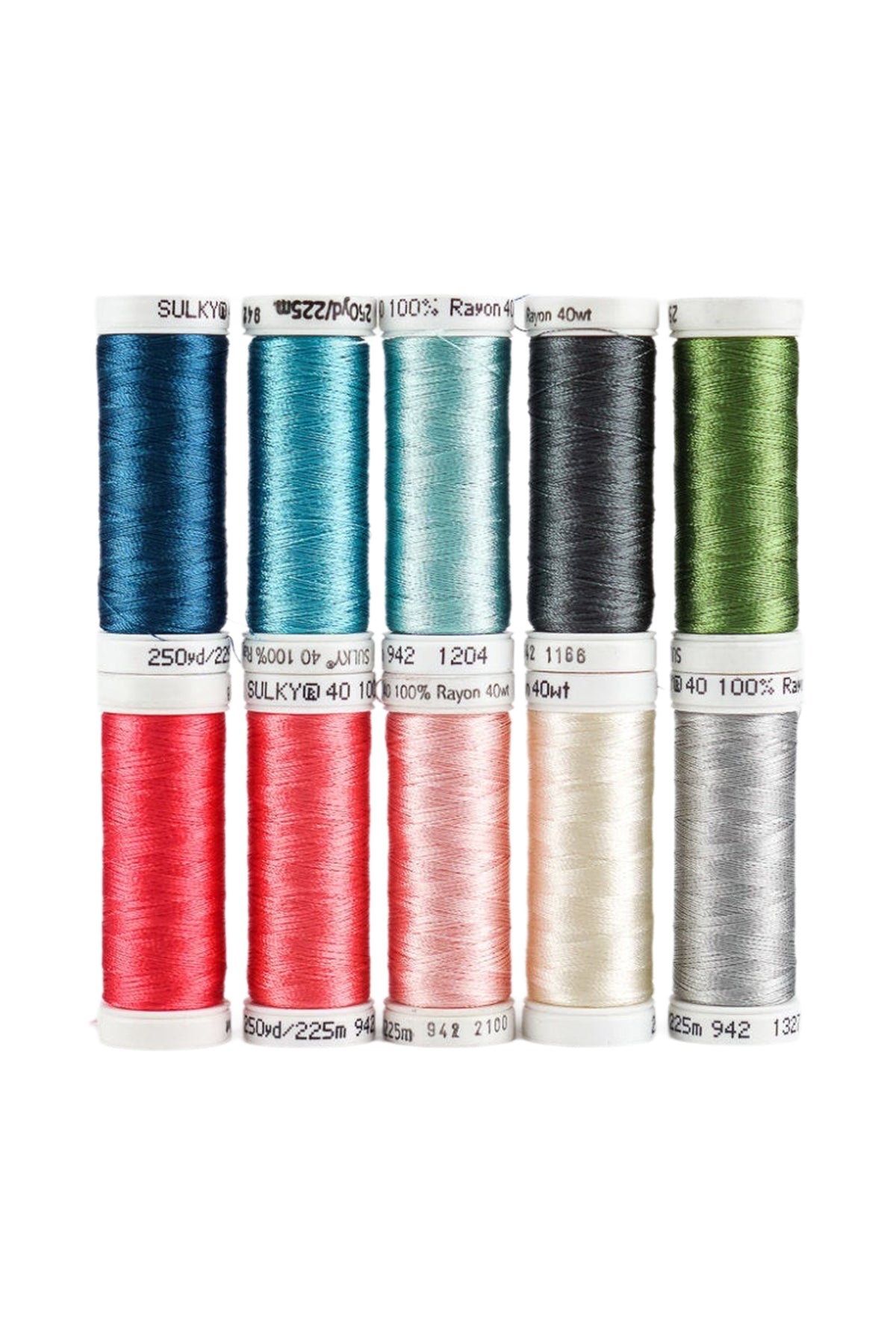 Ten SULKY Rayon 40 snap spools from the HAPPINESS set in shades of blue, green, red, pink, and silver