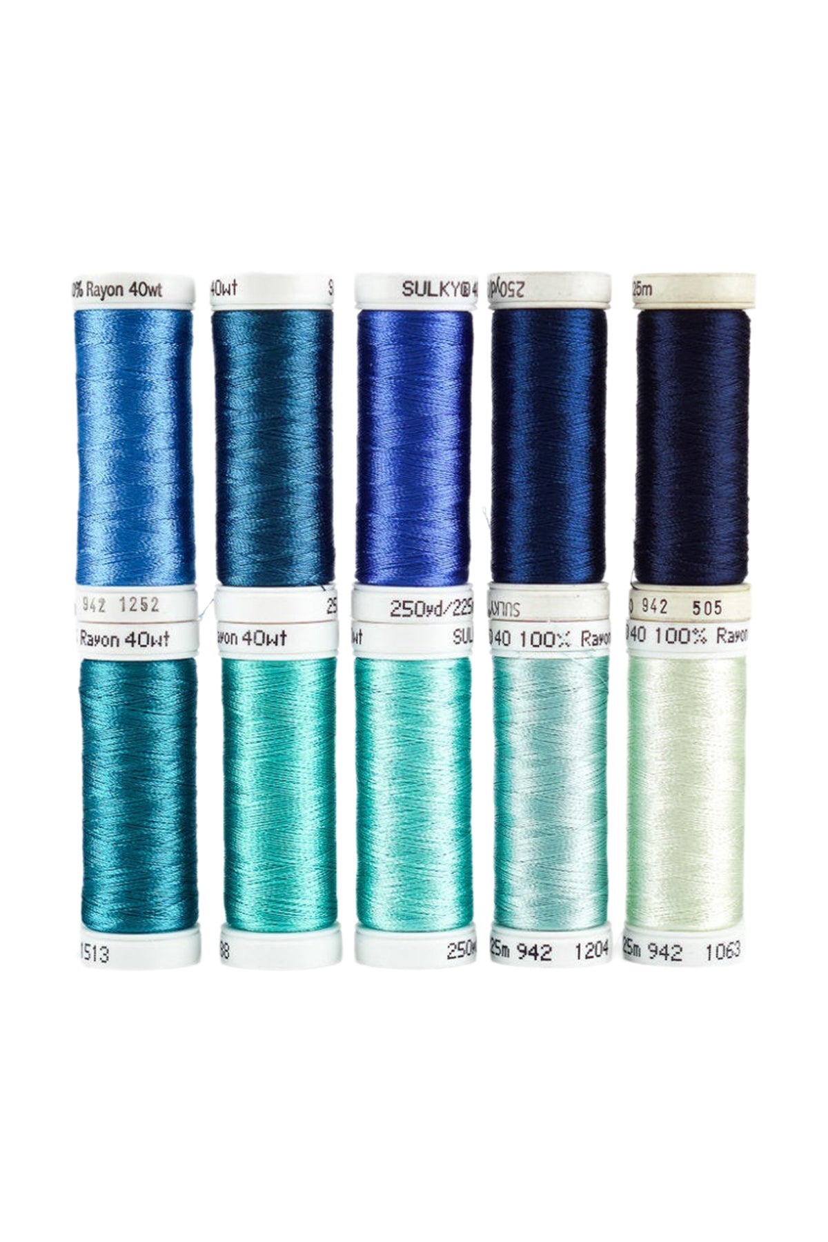 Ten SULKY Rayon 40 snap spools from the OCEAN set in graduated shades of blue and turquoise