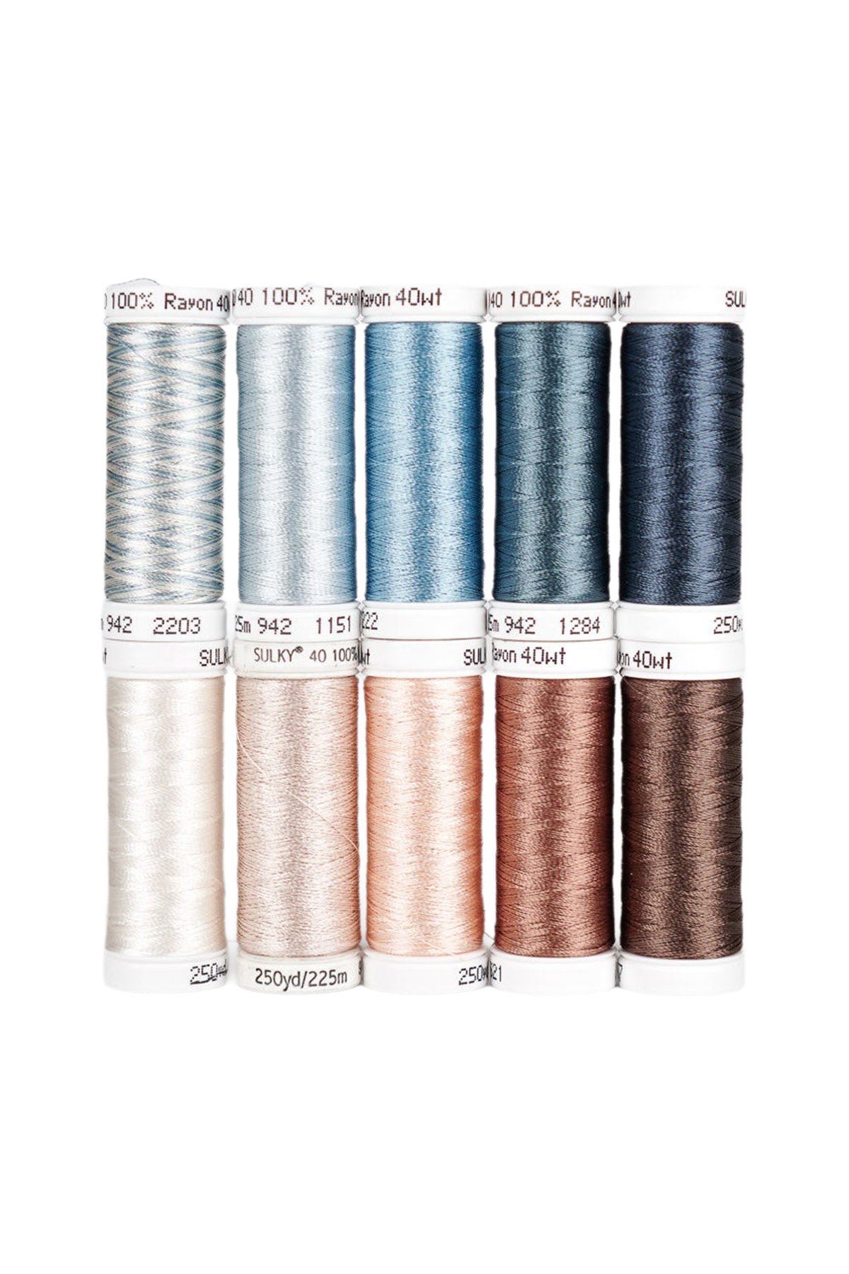 Zehn SULKY Rayon 40 Snap-Spulen des Sets SKY & SAND in Blau-, Creme- und Brauntönen