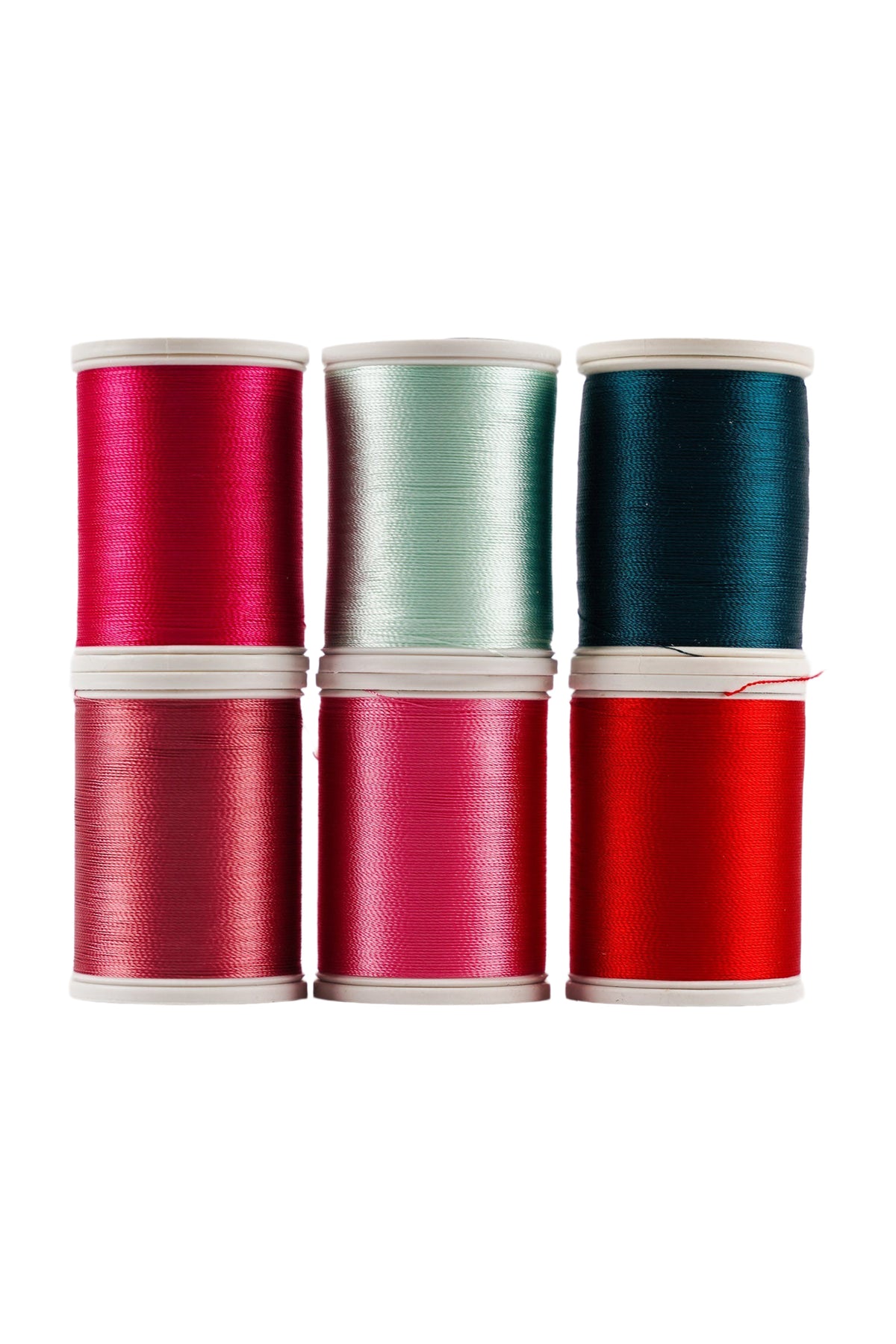 Six SULKY Rayon 40 spools from the VALENTINE set in red, pink, and turquoise