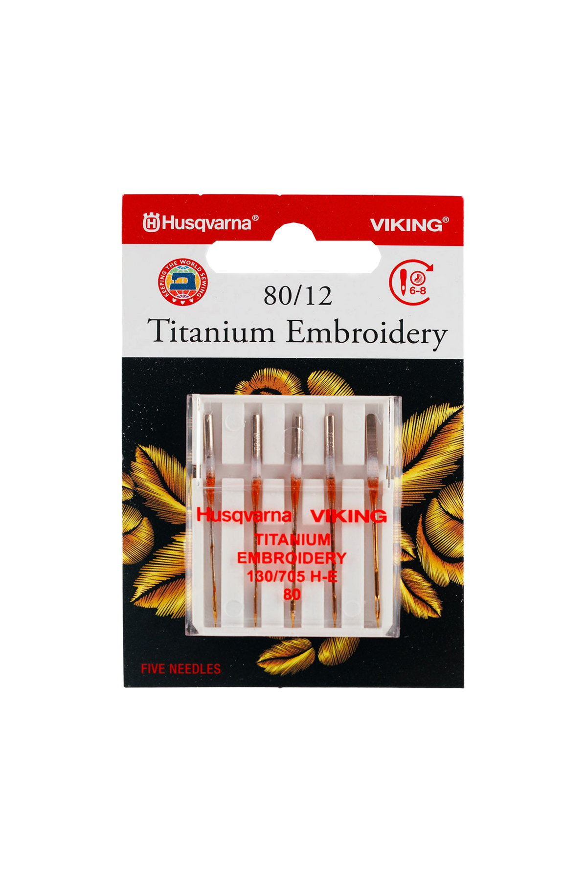 Husqvarna VIKING Titanium Sticknadeln in vollständiger Produktansicht, aufgehellt und sauber freigestellt mit transparenter Euroloch-Aussparung