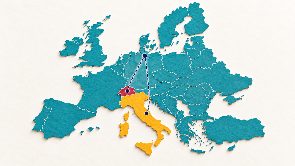 Europa-Karte mit Versandrouten von Hamburg in die Schweiz und nach Italien