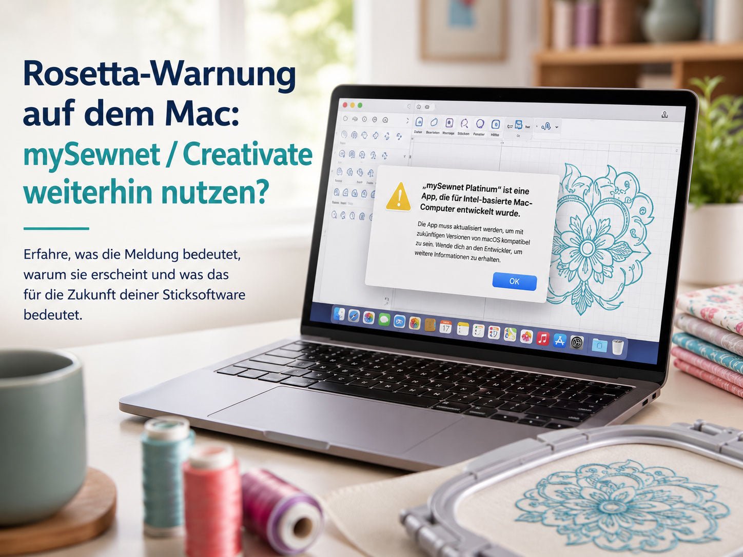 CREATIVATE Sticksoftware auf einem Mac mit Stickrahmen und Stickgarn
