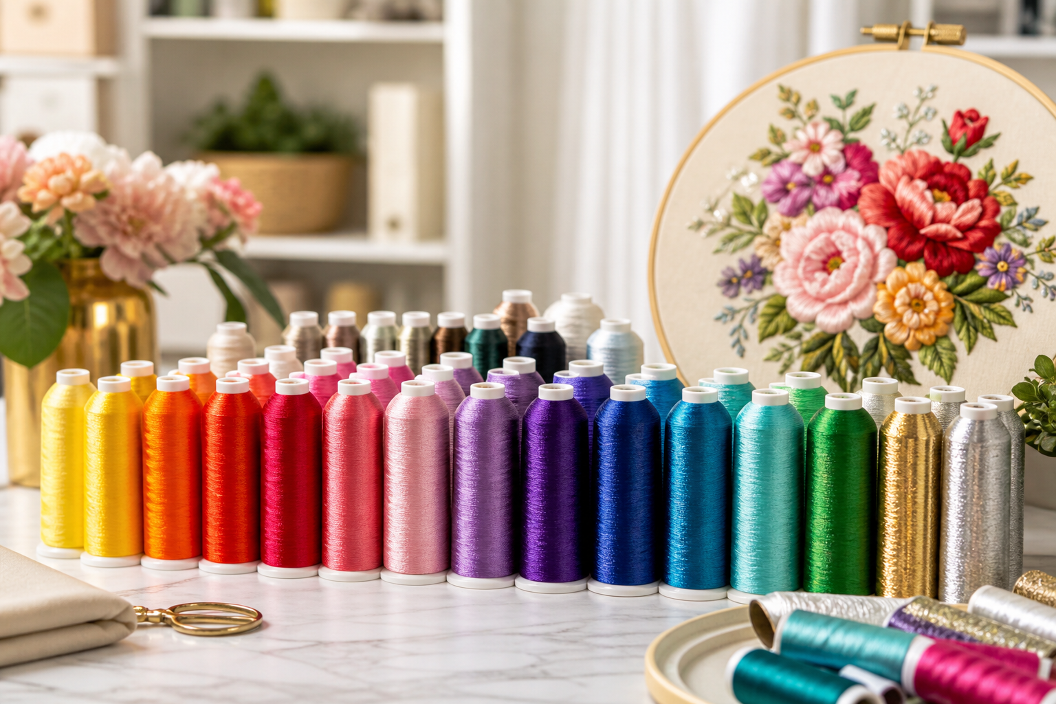 Farbenreiche Stickgarne und florale Maschinenstickerei in einem Stickatelier