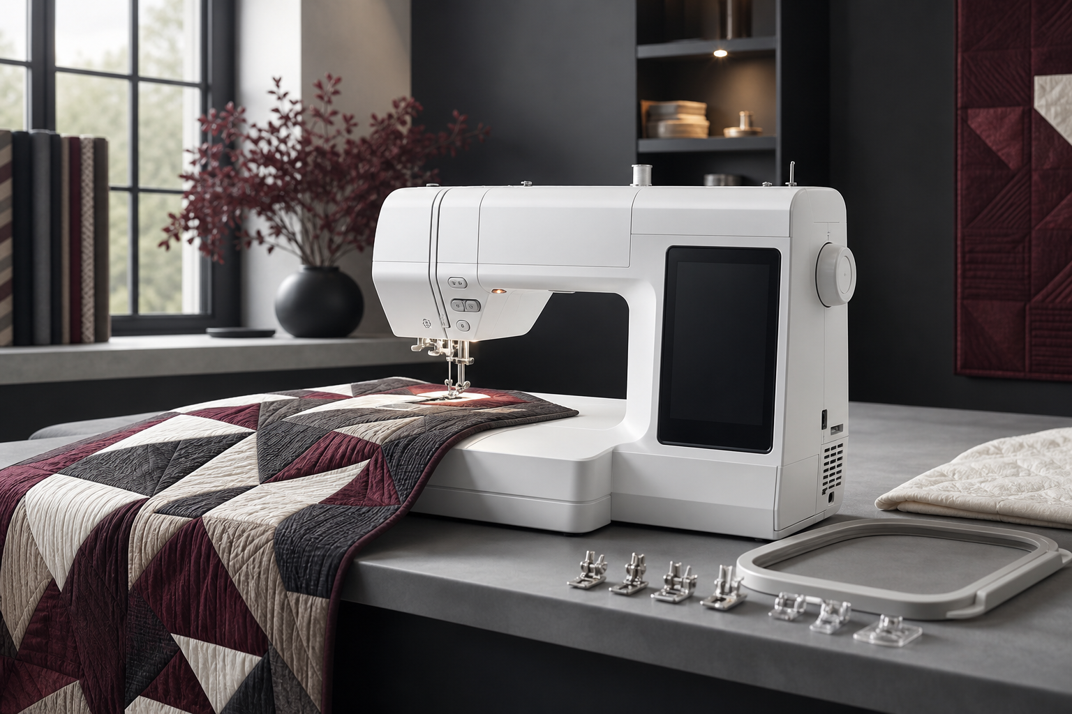Moderne Näh- und Stickmaschine mit geometrischem Quilt in einem Atelier