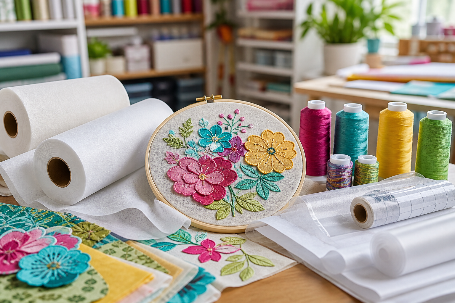 Stickvliese, farbige Garne und florale Applikationsstickerei in einem Atelier