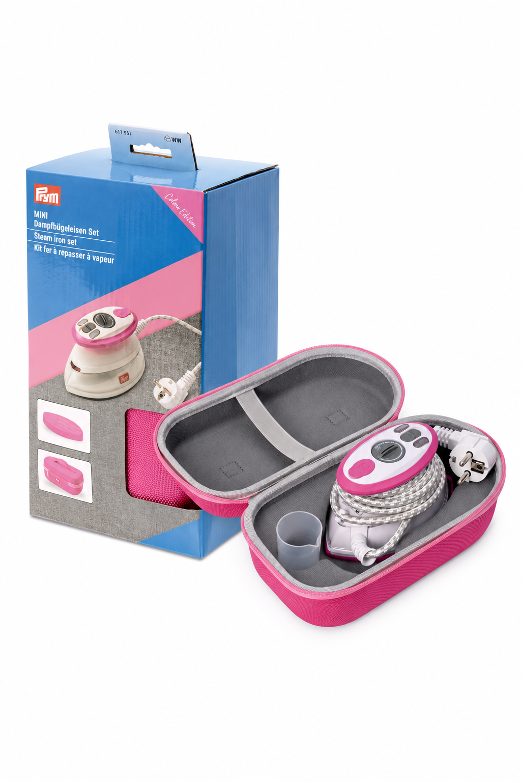 Prym Mini-Dampfbügeleisen-Set in Pink mit Verpackung, geöffnetem Reise-Case und Zubehör