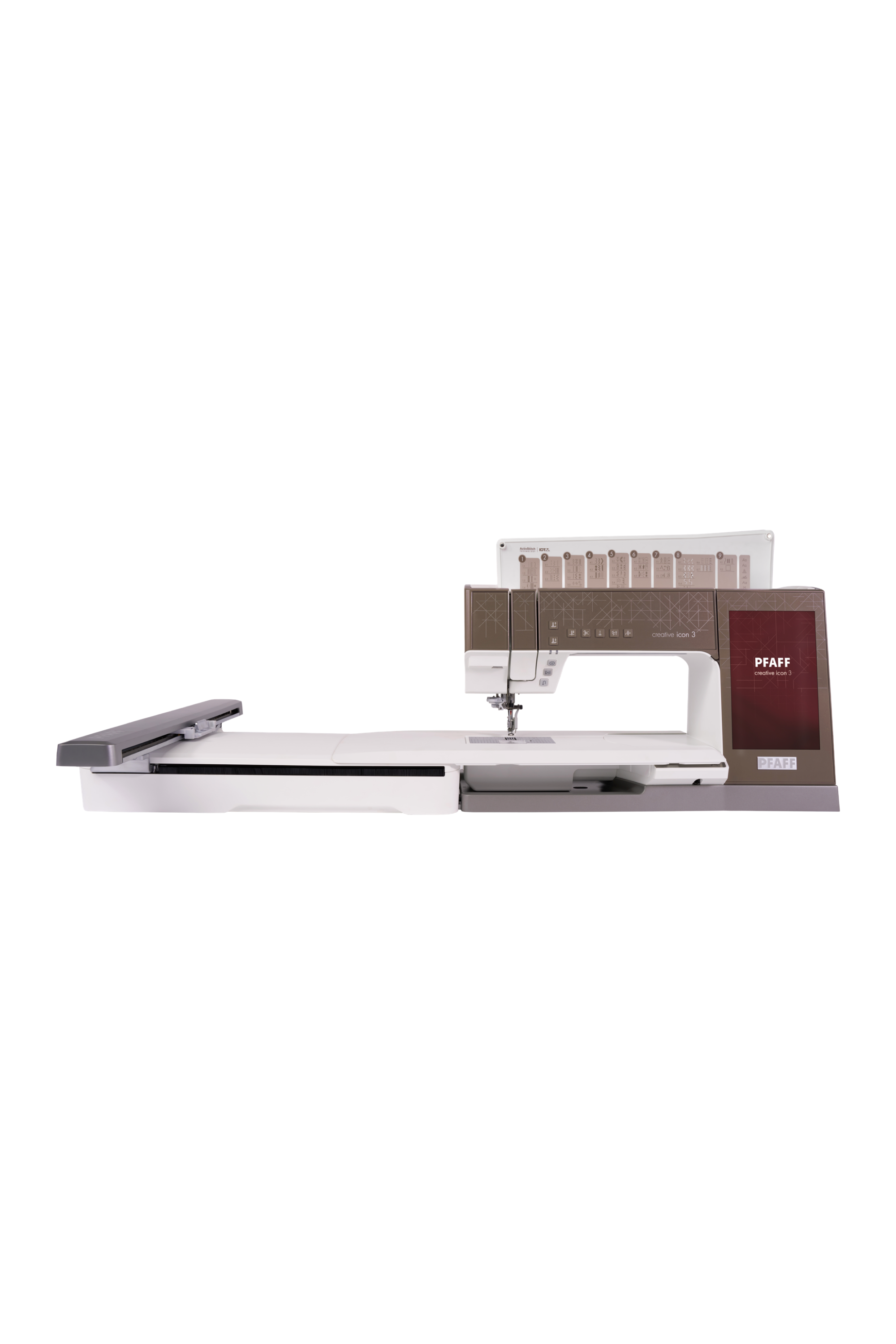 PFAFF creative icon 3 mit angesetztem Stickmodul in gerader Frontansicht