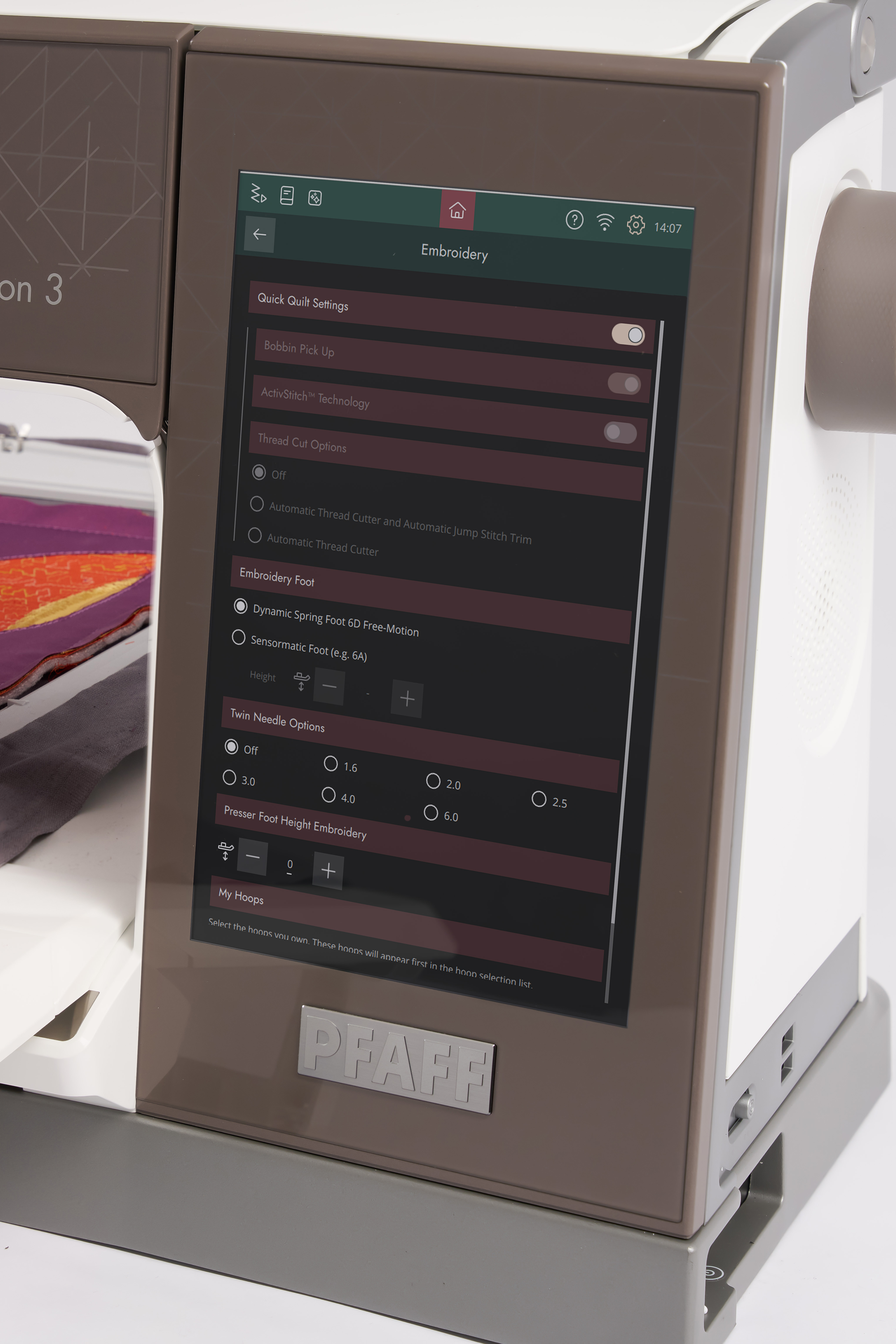 Quick-Quilt-Einstellungen der PFAFF creative icon 3 auf dem Touchdisplay
