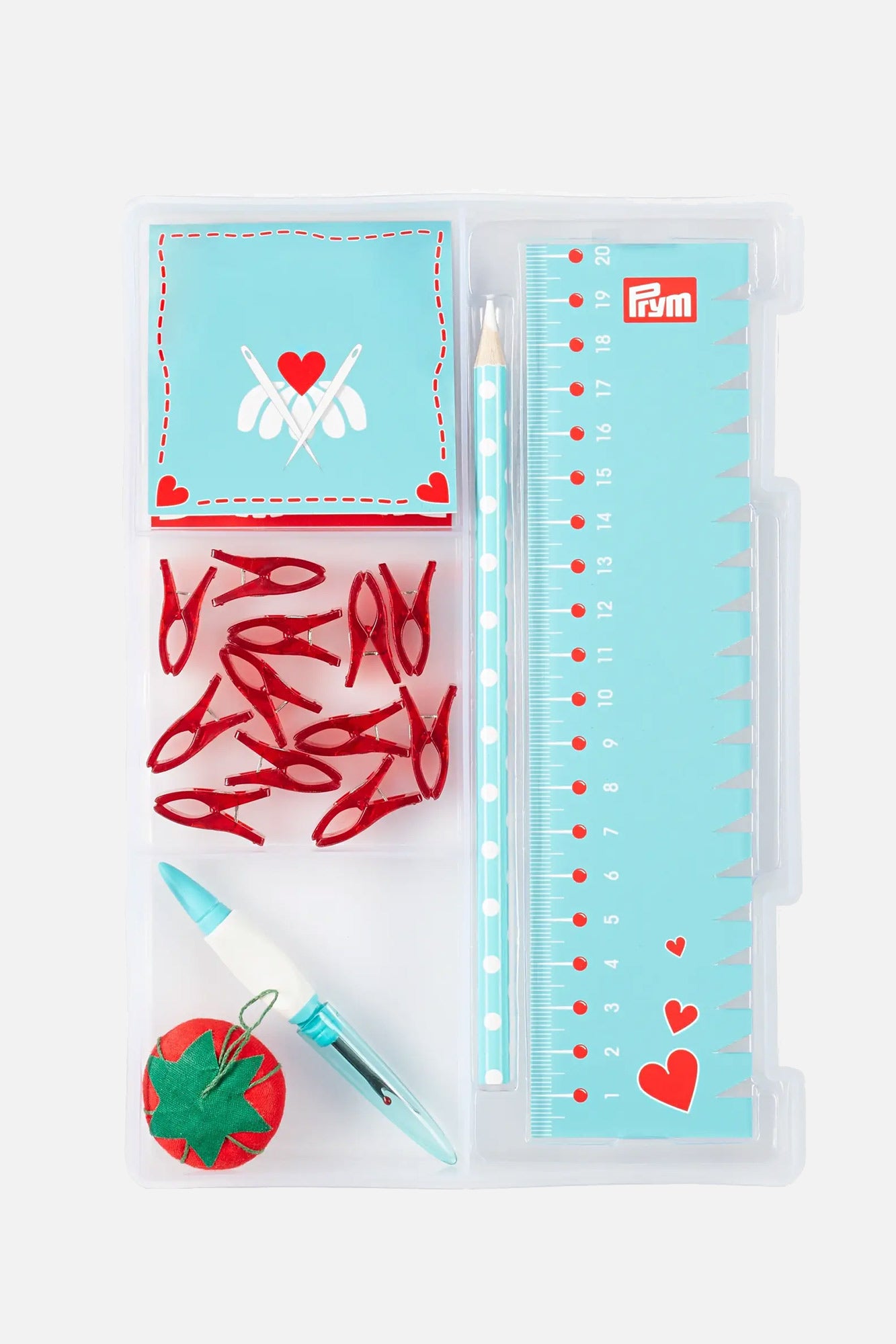 12 rote Stoffclips 1 Nahttrenner prym.ergonomics 1 Nadelkissen Erdbeere Stecknadeln 1 Hand-Nähnadel-Mappe 1 Handmaß 1 Markierstift mit weißer Mine