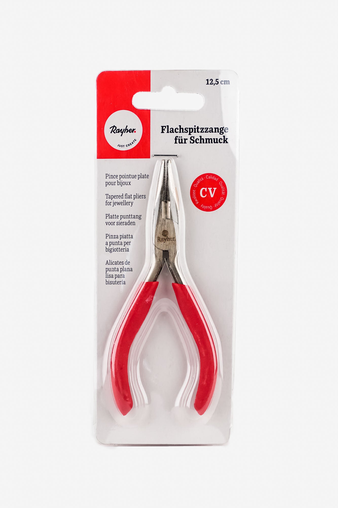 Abgebildet ist die Flachspitzzange von Rayher Hobby für Schmuck in ihrer Blister-Verpackung.