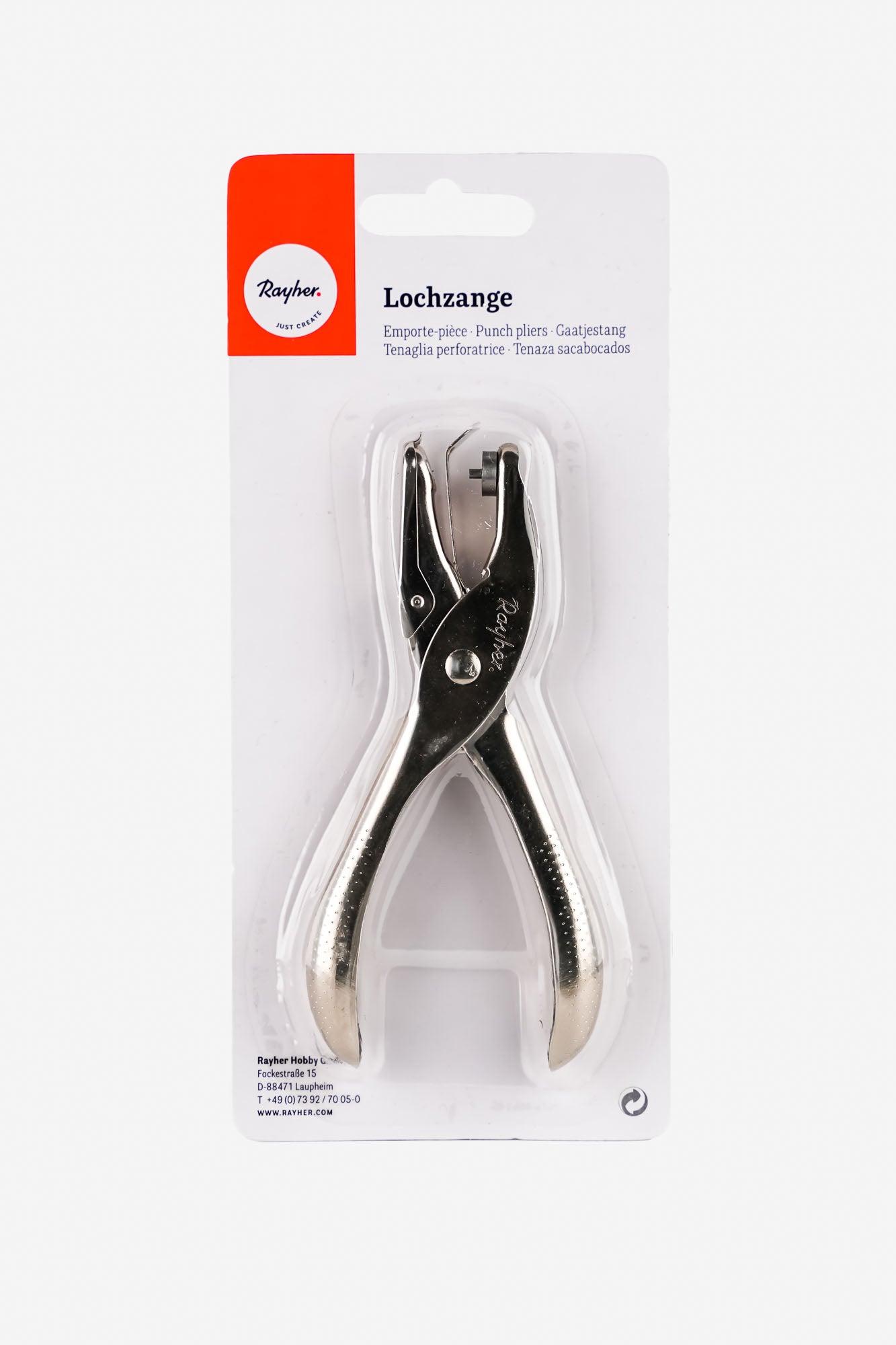 Abgebildet ist die Lochzange von Rayher Hobby mit 1,5mm Lochdurchmesser in ihrer Blister-Verpackung.