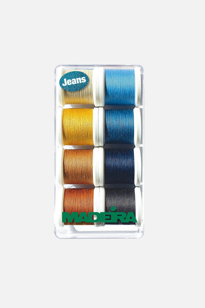 Madeira Aerofil Jeansgarn-Set – 8×100 m in Jeansfarben, Blisterbox Art. No. 8005 - Make ma!