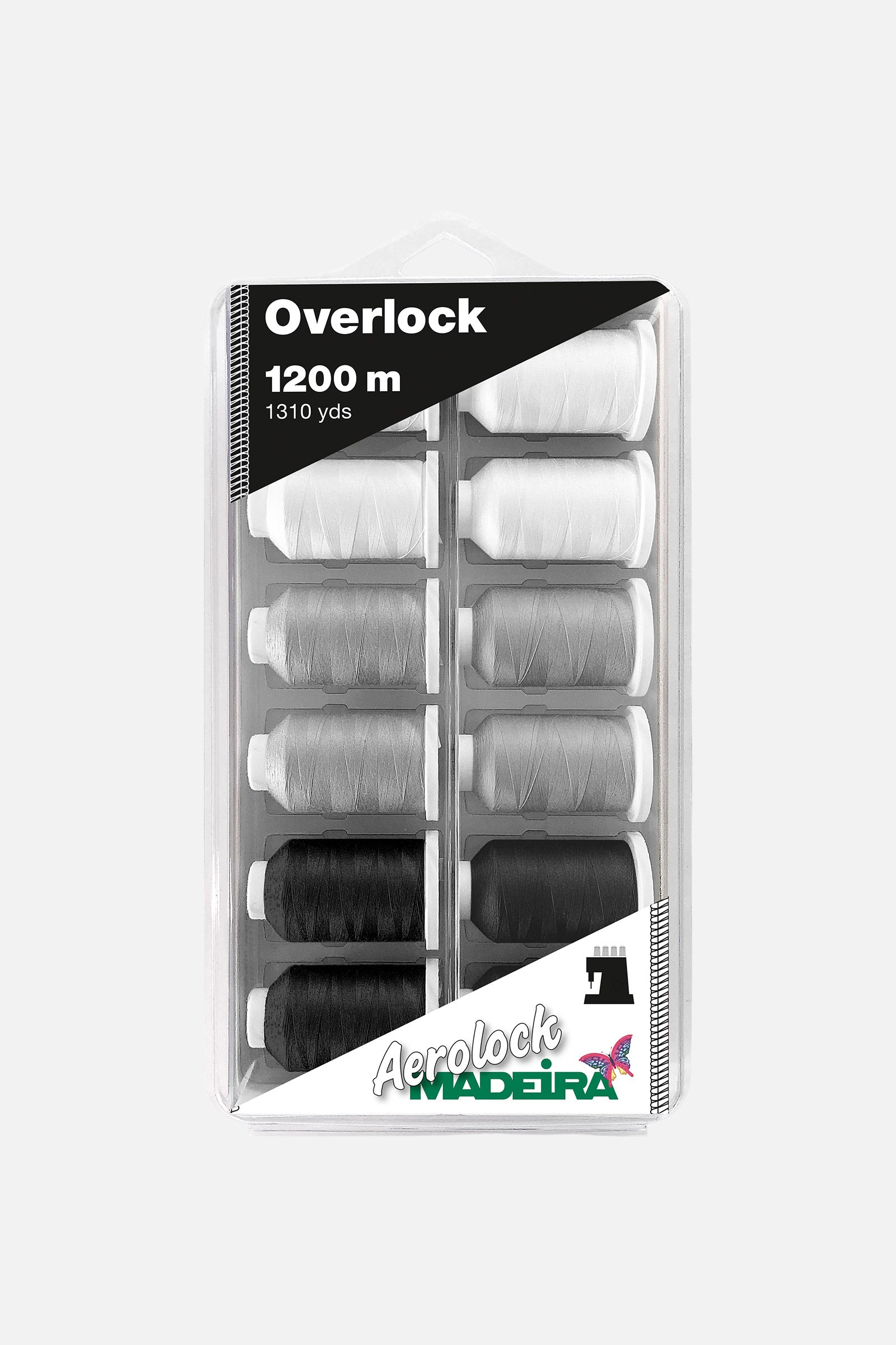 Madeira Aerolock 125 Blisterbox – 12 × 1200 m Overlockgarn, Schwarz, Grau & Weiß