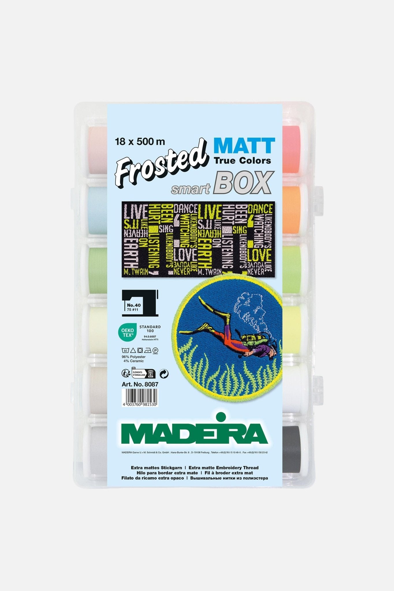 Madeira Frosted Matt Smartbox – 18×500 m Stickgarn No. 40 inkl. Nadeln - Make ma!