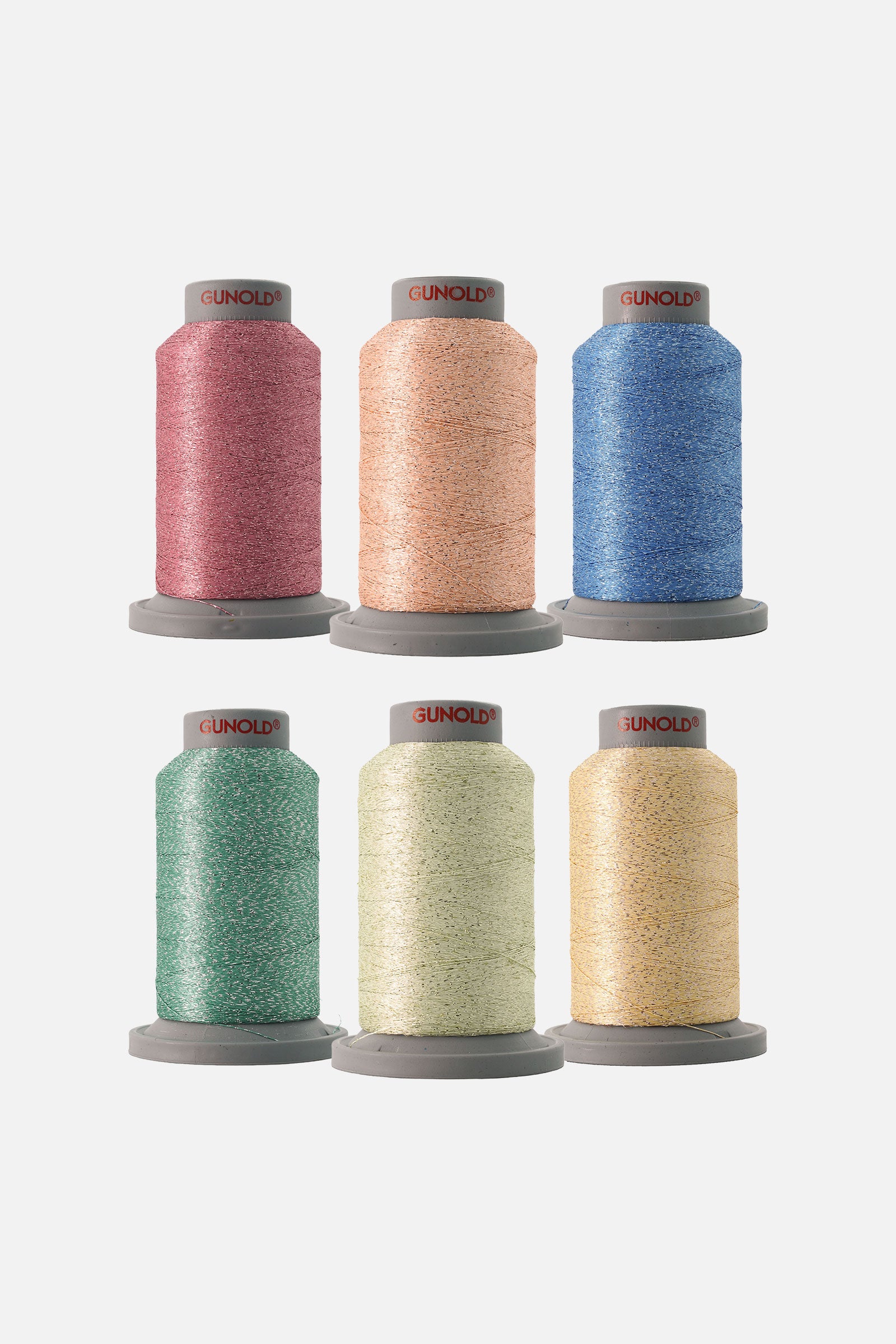 Sechs Miniking-Spulen POLY SPARKLE Stickgarn im Set "Fairytale" in zarten, glitzernden Pastellfarben