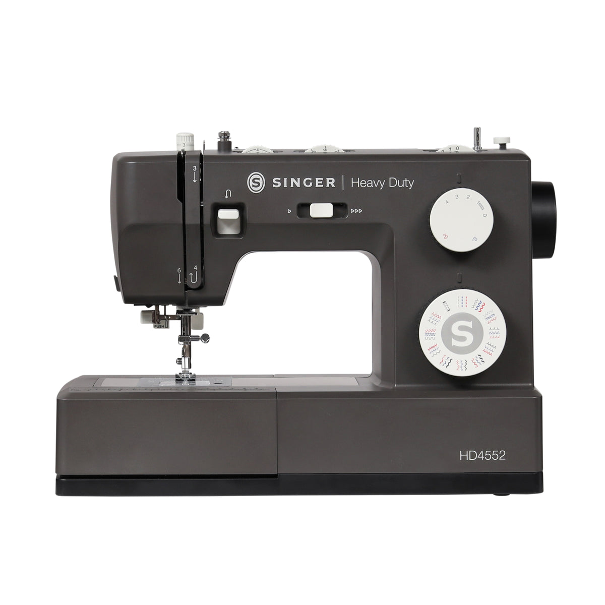 SINGER® Heavy Duty™ 4552 Nähmaschine in gerader Frontansicht auf weißem Hintergrund.