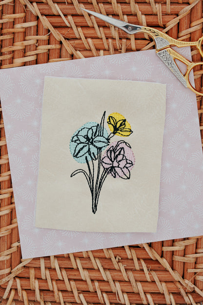 Stickdatei Frühlingsblumen in Line-Art Optik