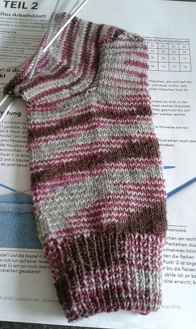 In 3 Teilen werden die Socken im »Workshop« gestrickt. Hier hat Petra gerade den zweiten Teil fertig.